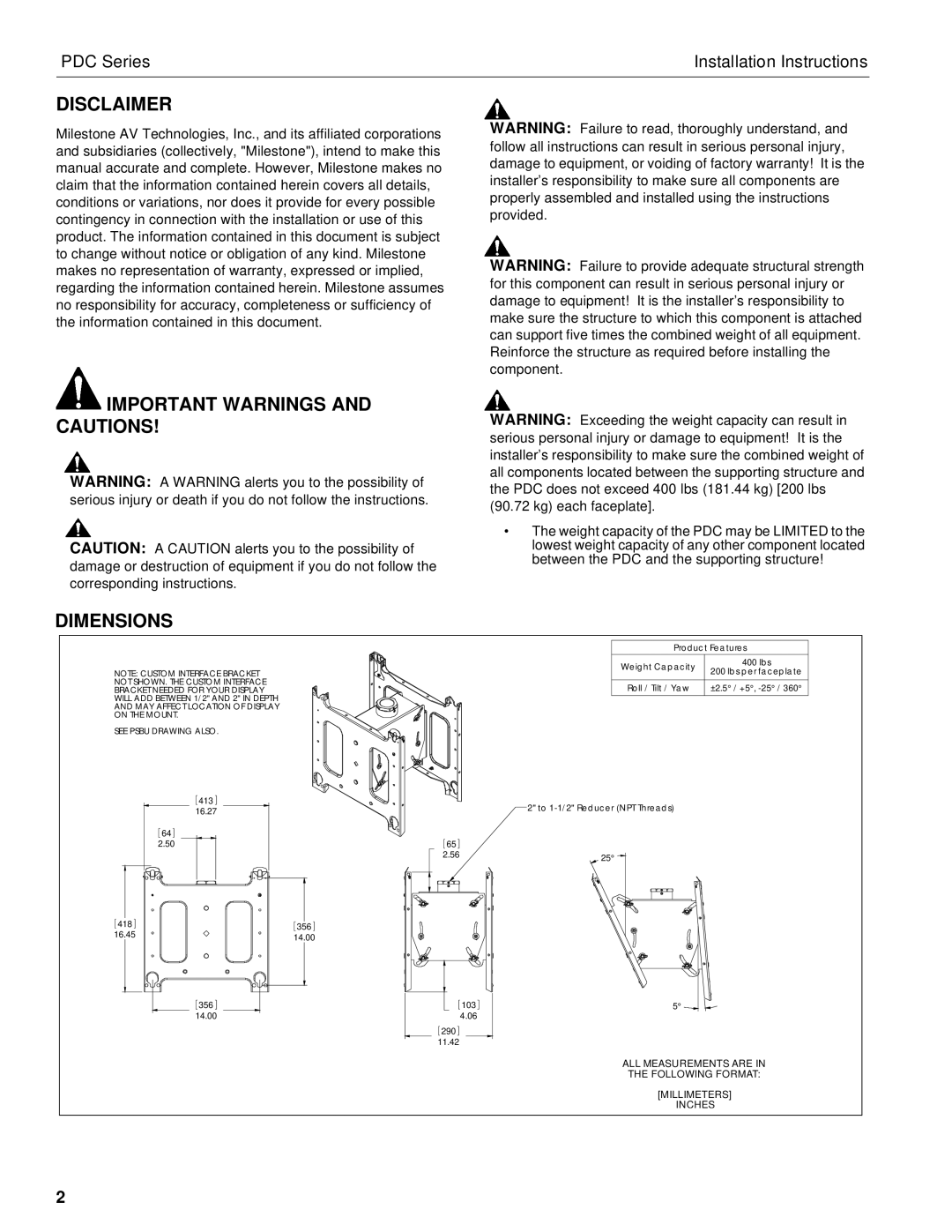 Chief Manufacturing PDC Series installation instructions Disclaimer, Important Warnings and Cautions, Dimensions 