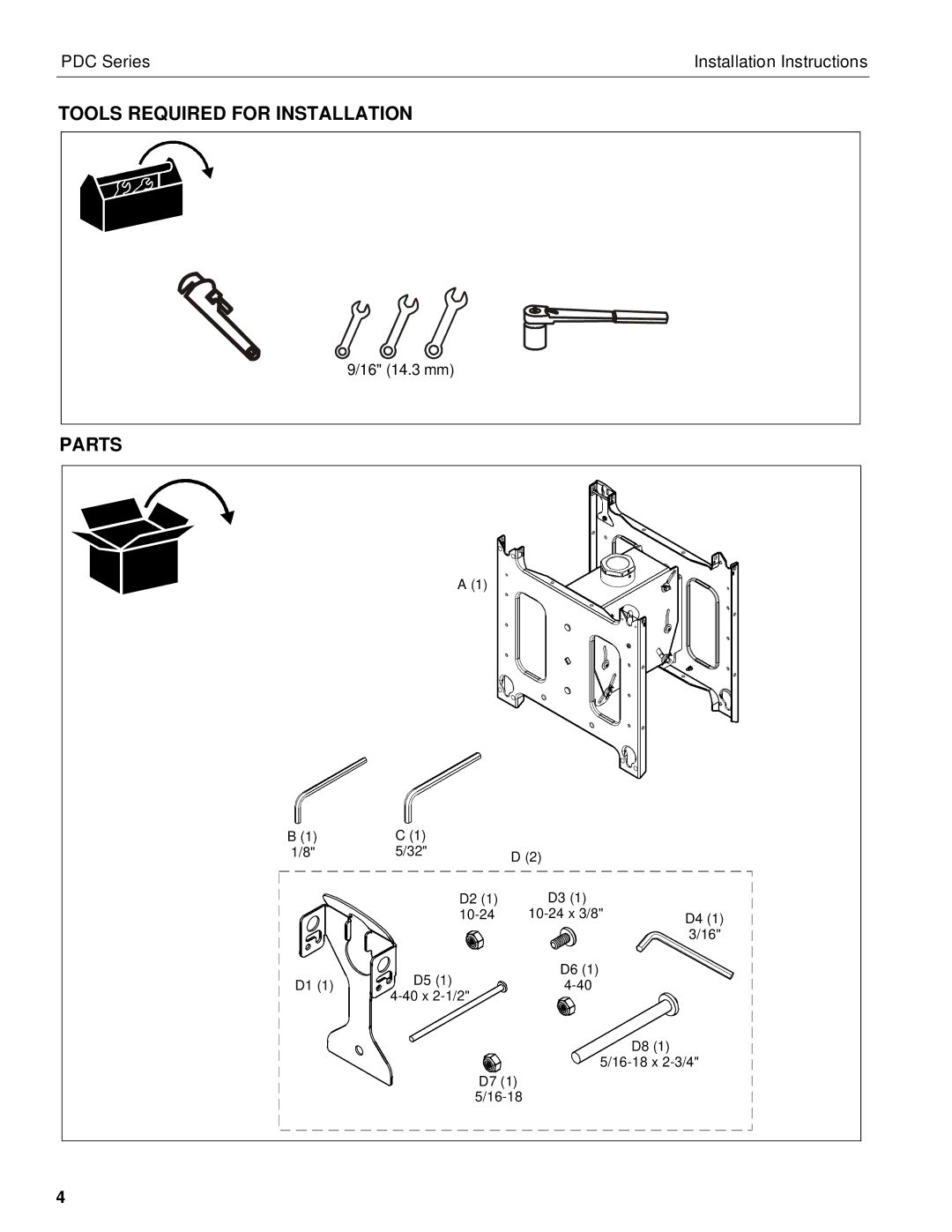 Chief Manufacturing PDC Series installation instructions Tools Required for Installation, Parts 