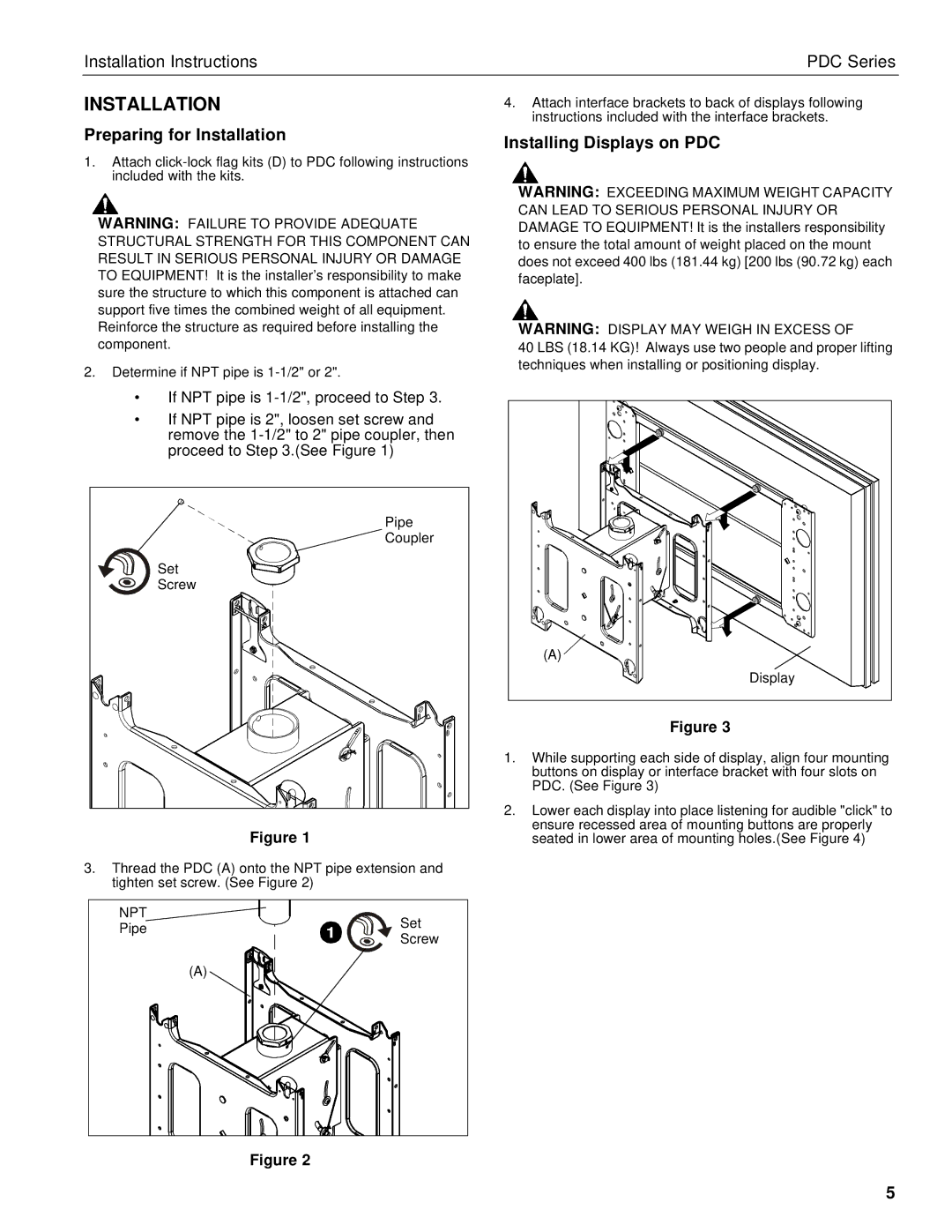 Chief Manufacturing PDC Series installation instructions Preparing for Installation, Installing Displays on PDC 