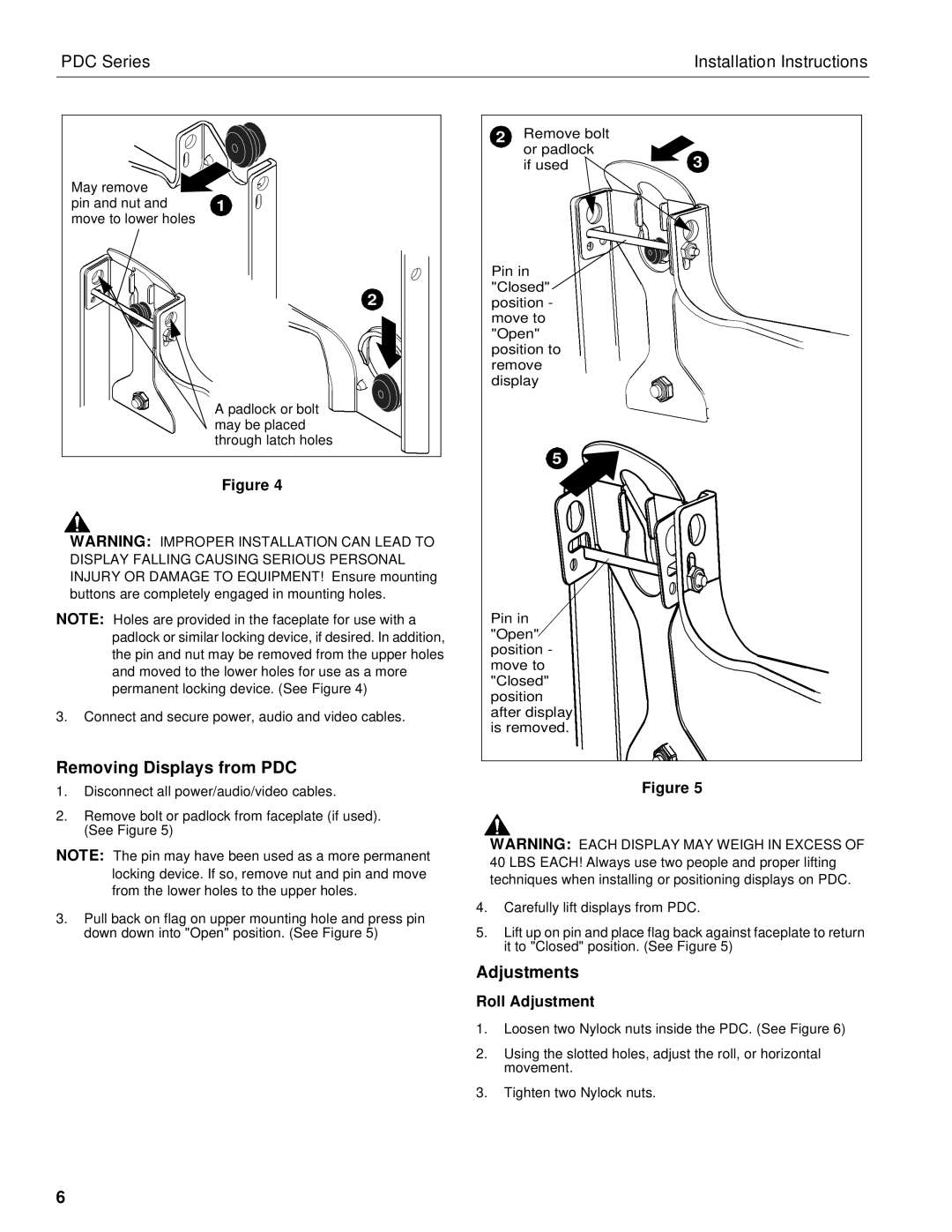 Chief Manufacturing PDC Series installation instructions Removing Displays from PDC, Adjustments, Roll Adjustment 