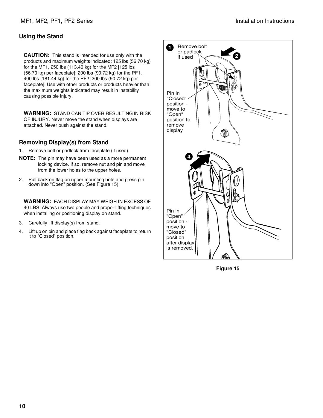 Chief Manufacturing MF2 Series, PF2 Series, PF1 Series, MF1 Series Using the Stand, Removing Displays from Stand 