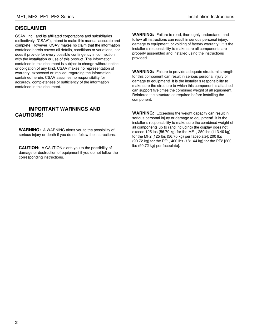 Chief Manufacturing MF2 Series, PF2 Series, PF1 Series, MF1 Series Disclaimer, Important Warnings and Cautions 