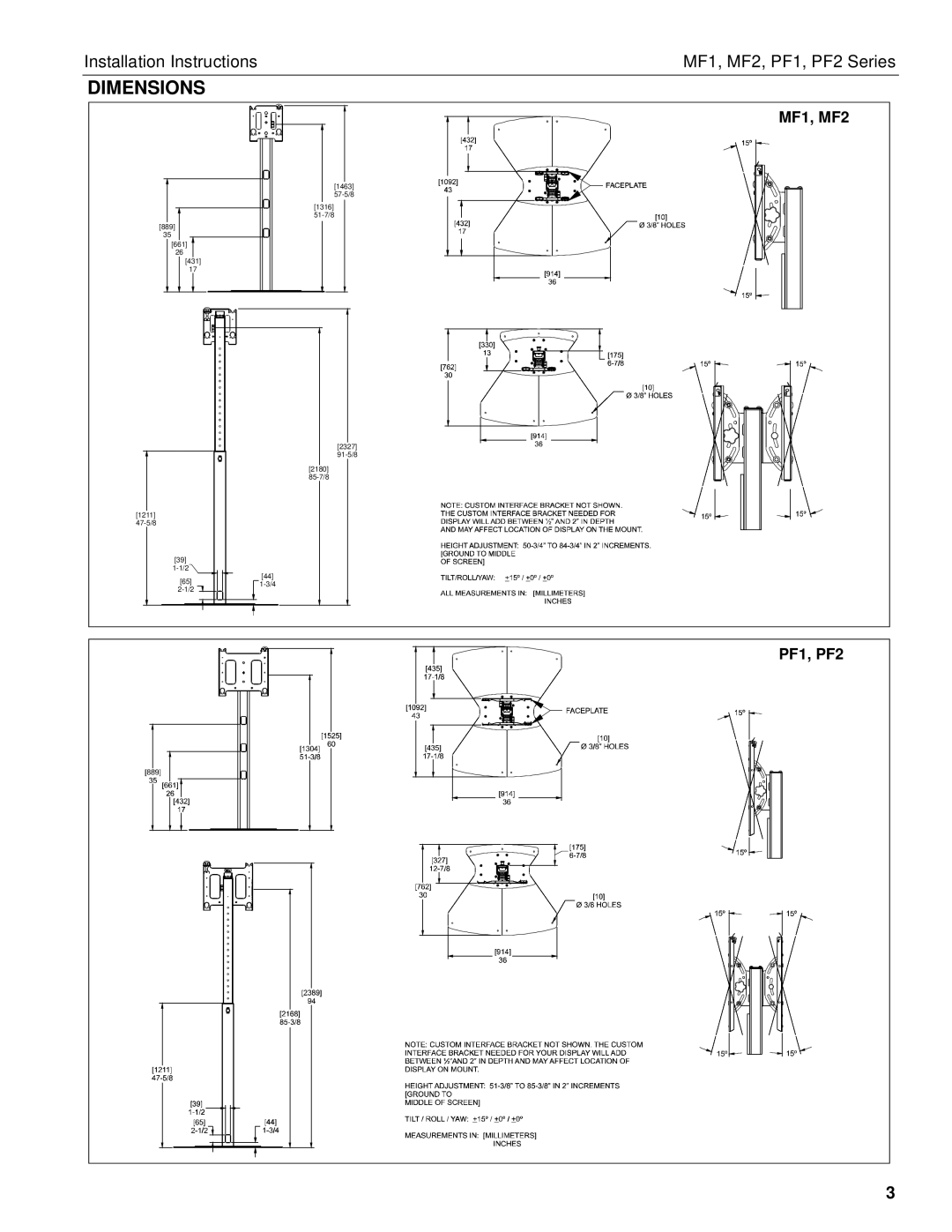 Chief Manufacturing MF1 Series, PF2 Series, PF1 Series, MF2 Series installation instructions Dimensions 