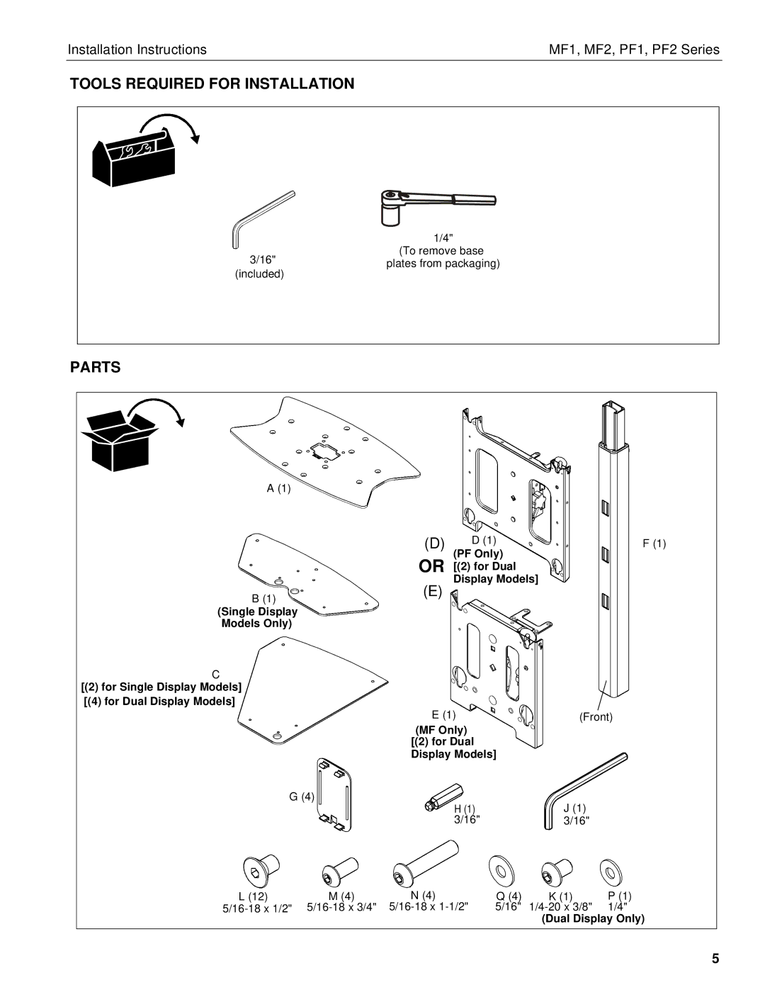 Chief Manufacturing PF1 Series, PF2 Series, MF2 Series, MF1 Series Tools Required for Installation, Parts 