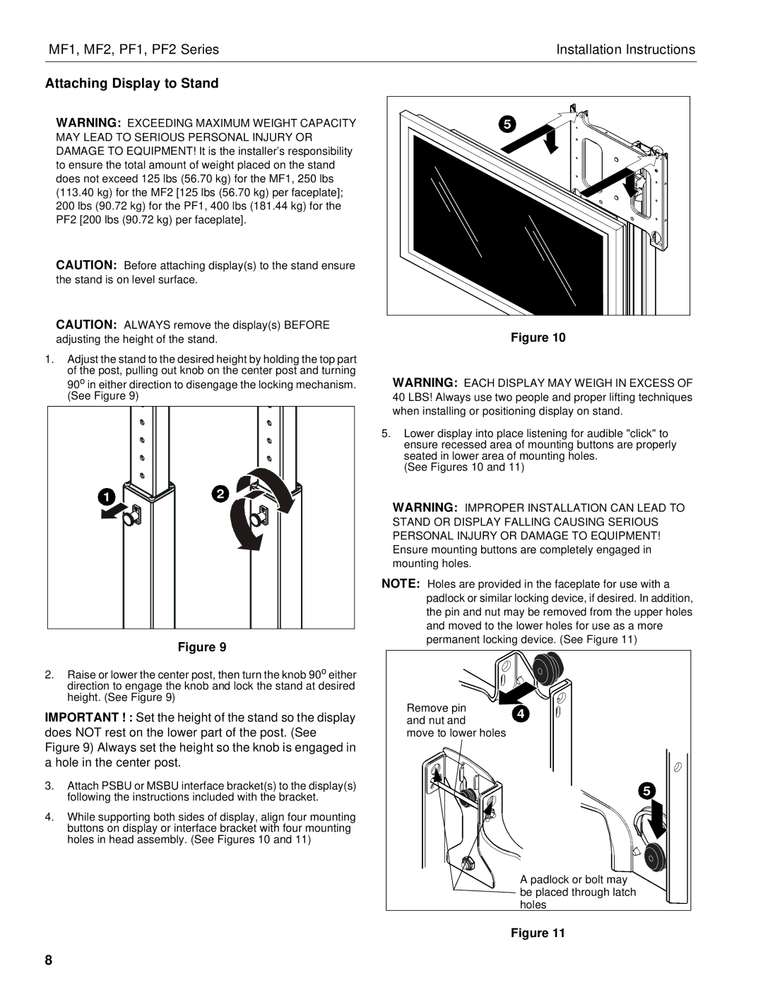 Chief Manufacturing PF2 Series, PF1 Series, MF2 Series, MF1 Series installation instructions Attaching Display to Stand 