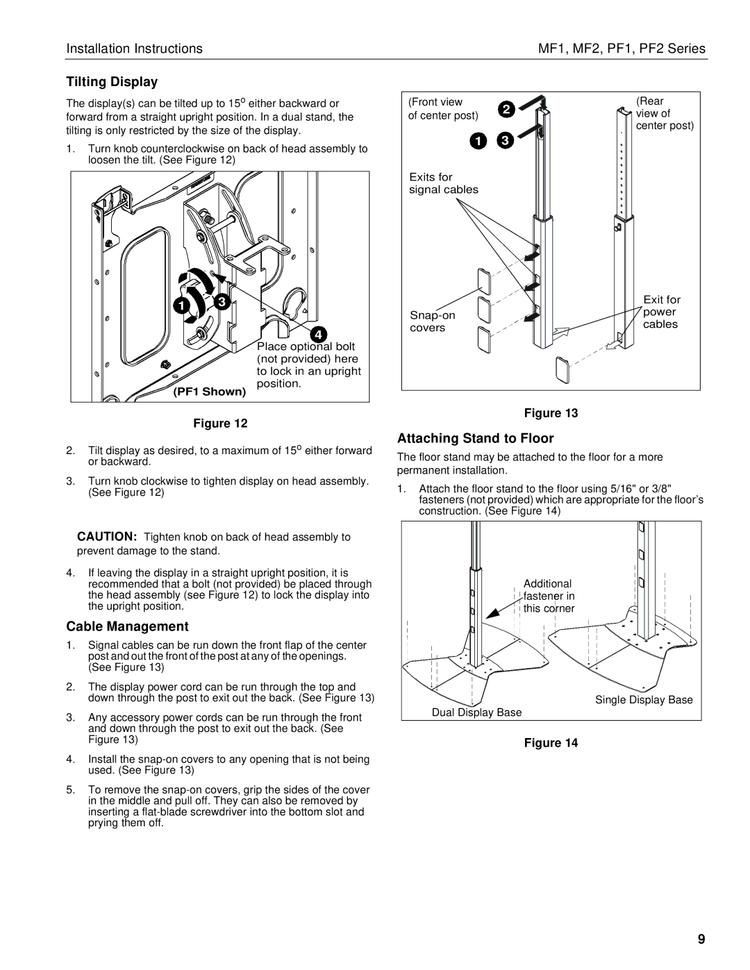 Chief Manufacturing PF1 Series, PF2 Series, MF2 Series Tilting Display, Cable Management, Attaching Stand to Floor 