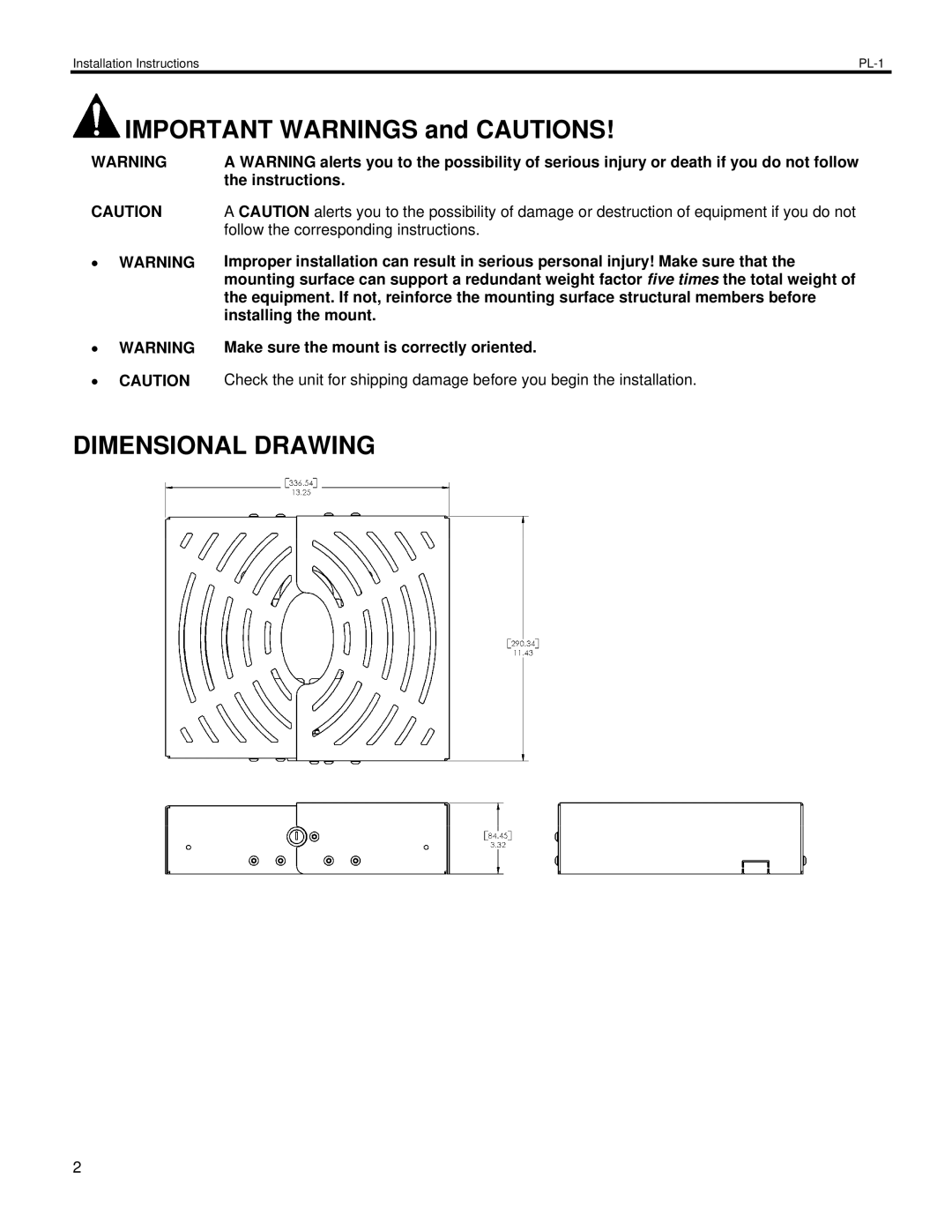 Chief Manufacturing PL-1 installation instructions Important Warnings and Cautions, Dimensional Drawing 