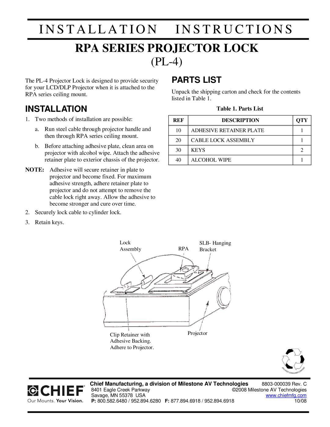 Chief Manufacturing PL-4 installation instructions Installation I N S T R U C T I O N S, RPA Series Projector Lock 