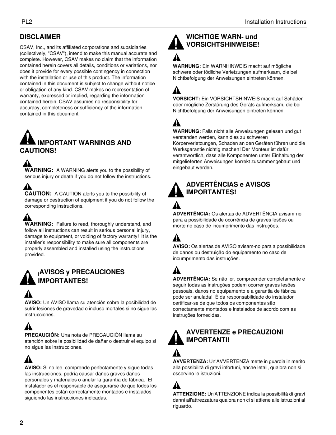 Chief Manufacturing PL2 Disclaimer, Important Warnings and Cautions, Vorsichtshinweise, Importantes, Importanti 