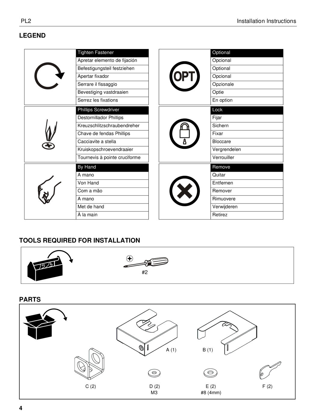 Chief Manufacturing PL2 installation instructions Tools Required for Installation Parts, Tighten Fastener Optional 