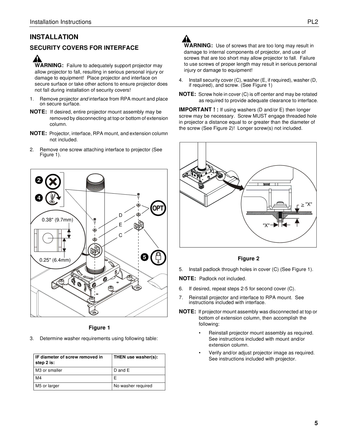 Chief Manufacturing PL2 installation instructions Installation, Security Covers for Interface 