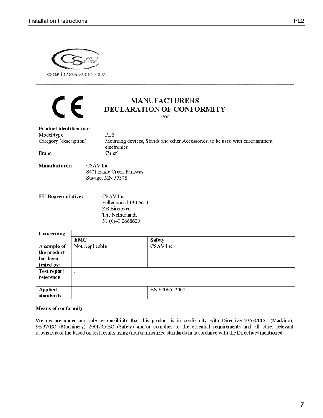 Chief Manufacturing PL2 installation instructions 