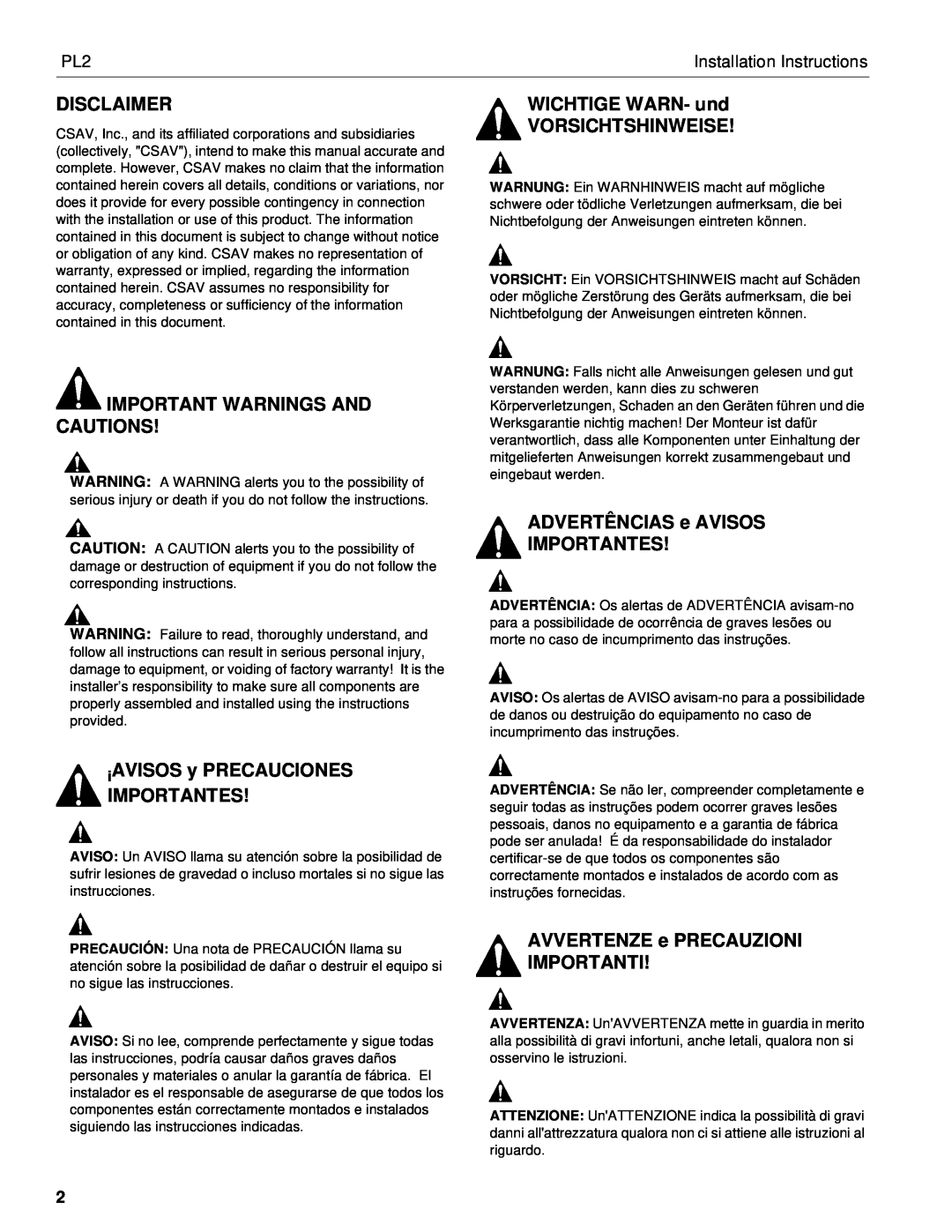 Chief Manufacturing PL2 Disclaimer, Important Warnings And Cautions, iAVISOS y PRECAUCIONES IMPORTANTES 