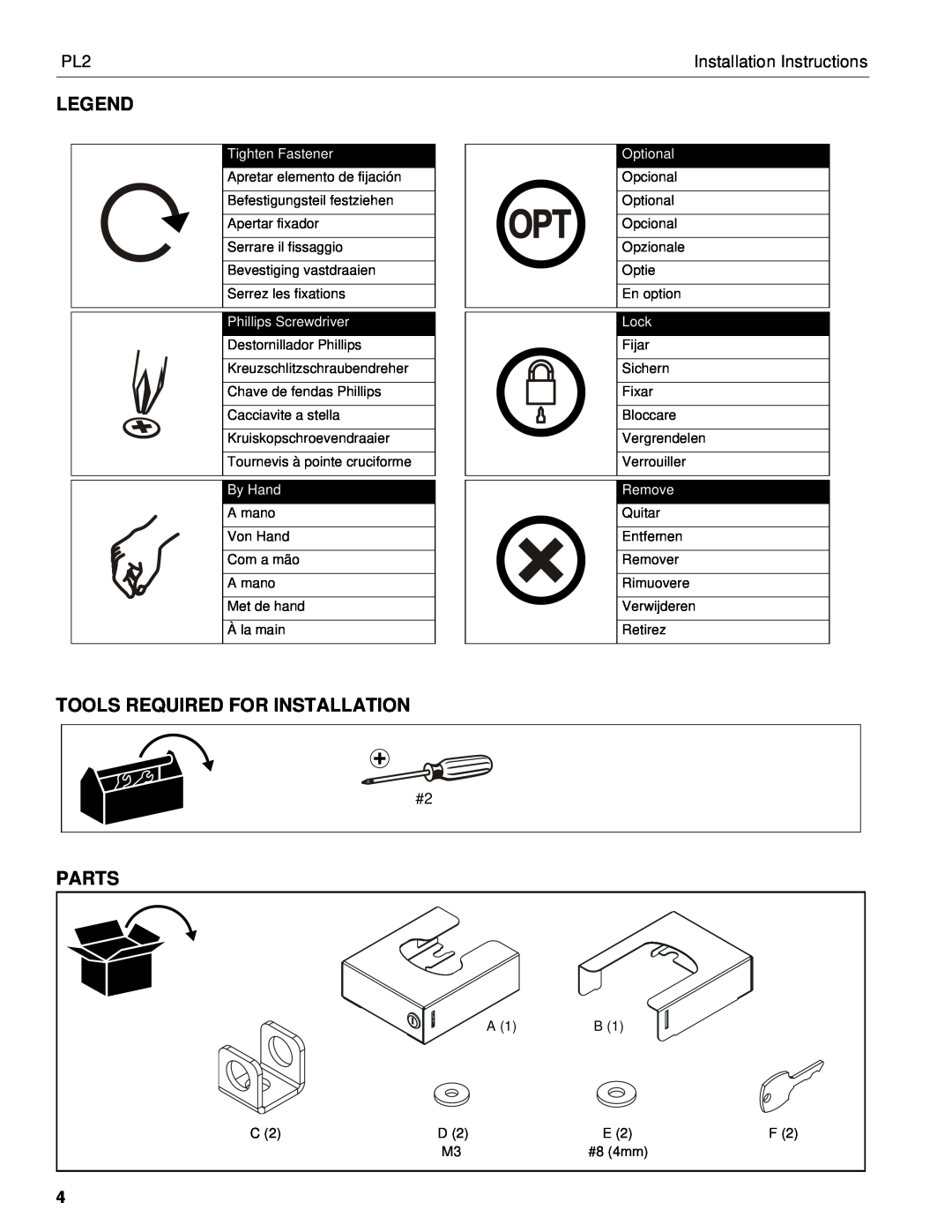 Chief Manufacturing PL2 Tools Required For Installation, Parts, Installation Instructions, Tighten Fastener, Optional 