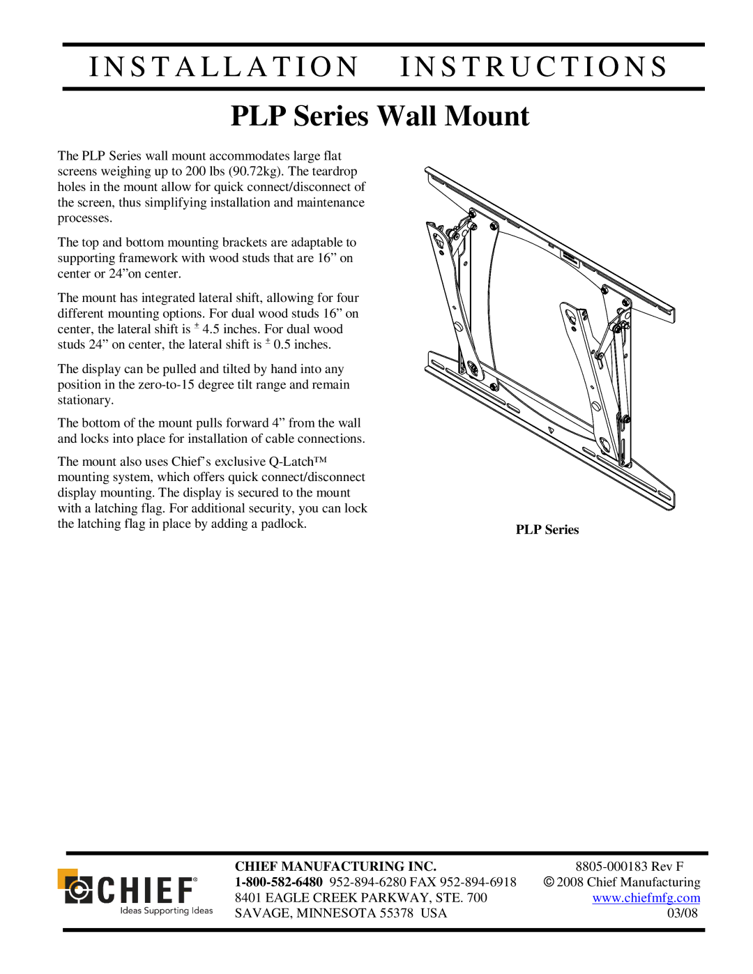 Chief Manufacturing installation instructions PLP Series Wall Mount 