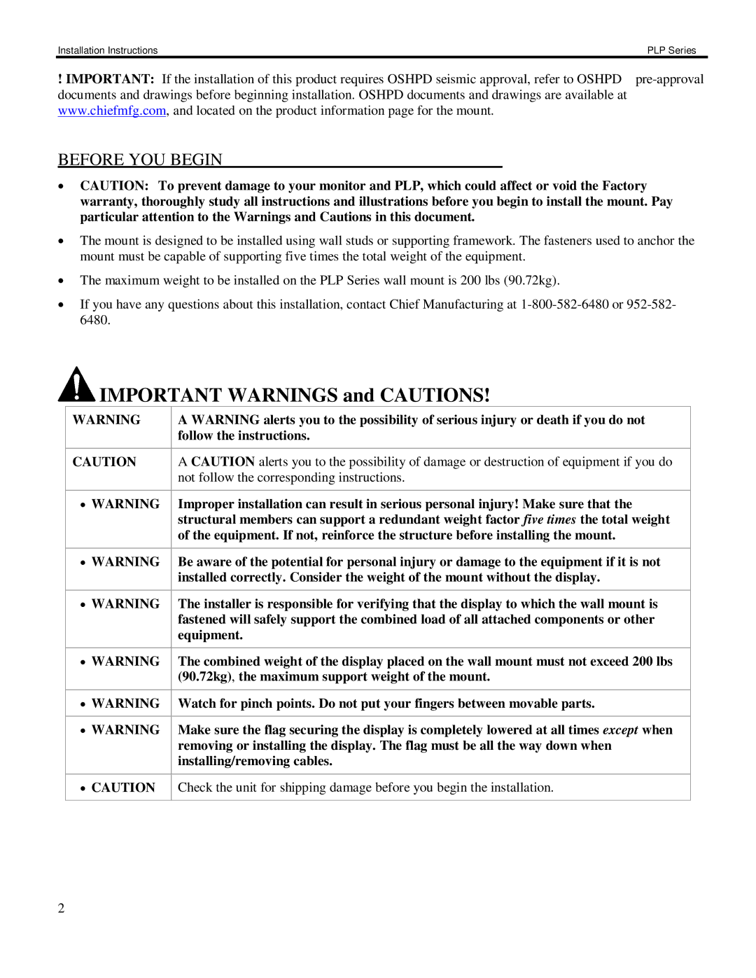 Chief Manufacturing PLP Series installation instructions Important Warnings and Cautions 