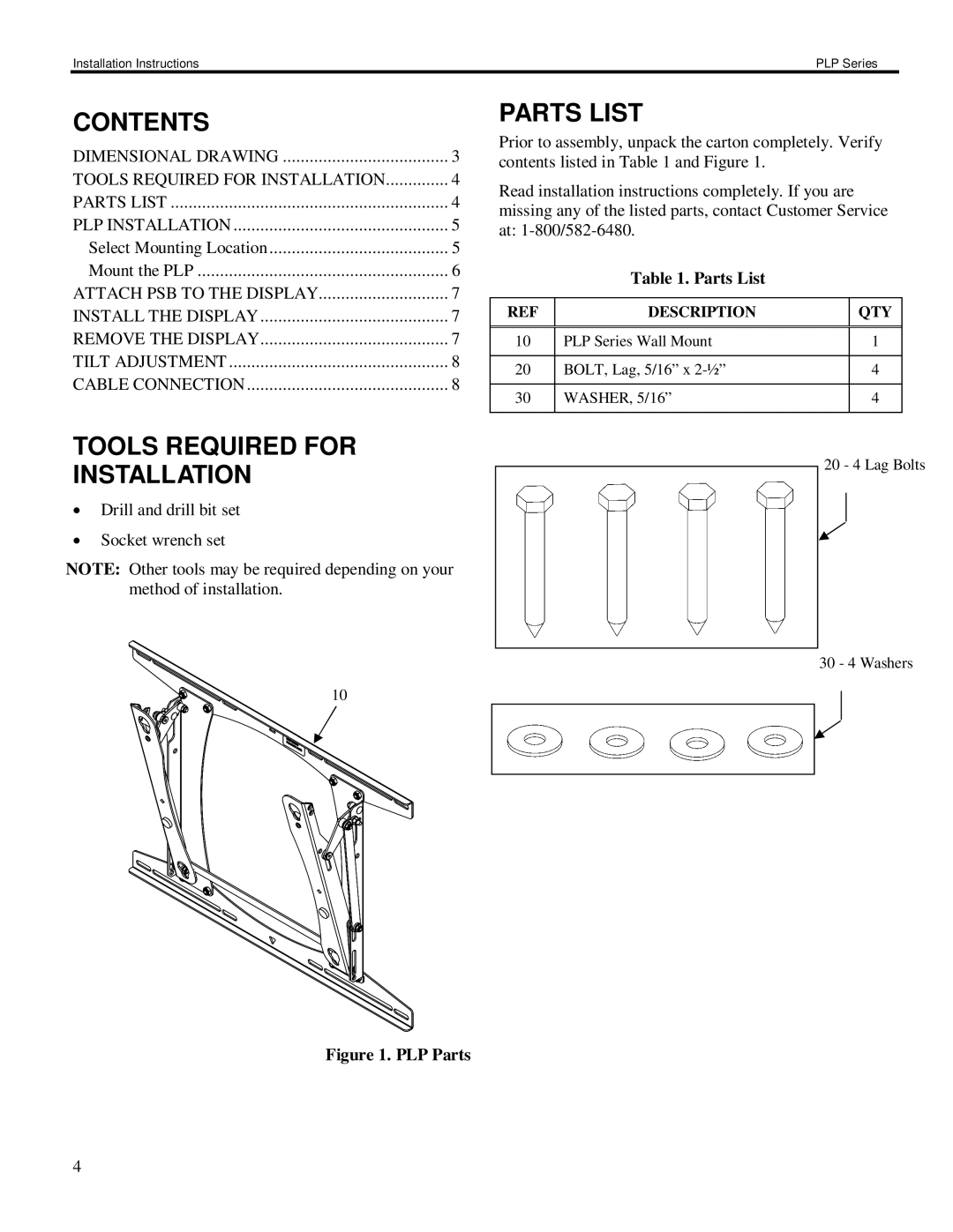 Chief Manufacturing PLP Series installation instructions Contents, Tools Required for Installation, Parts List 