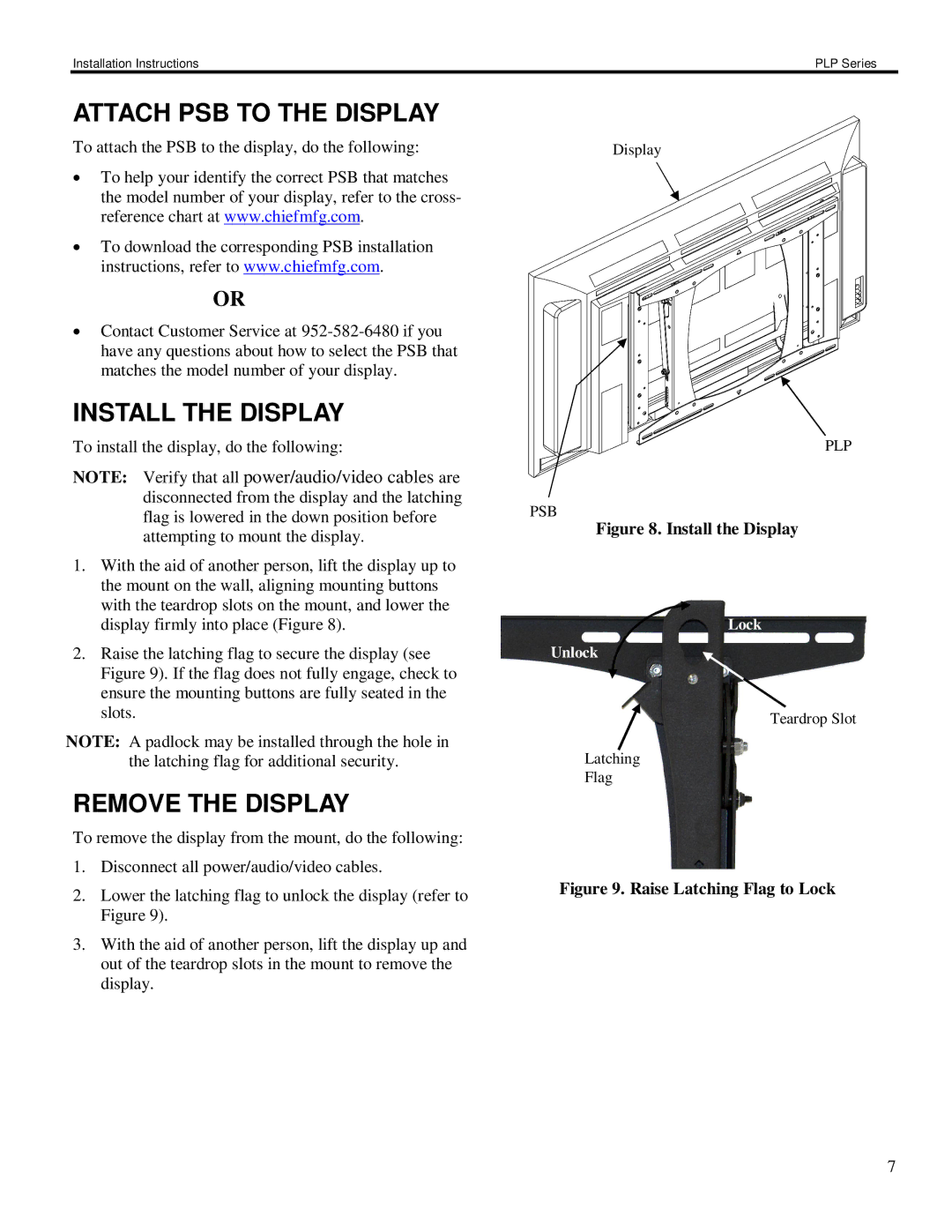 Chief Manufacturing PLP Series installation instructions Attach PSB to the Display, Install the Display, Remove the Display 