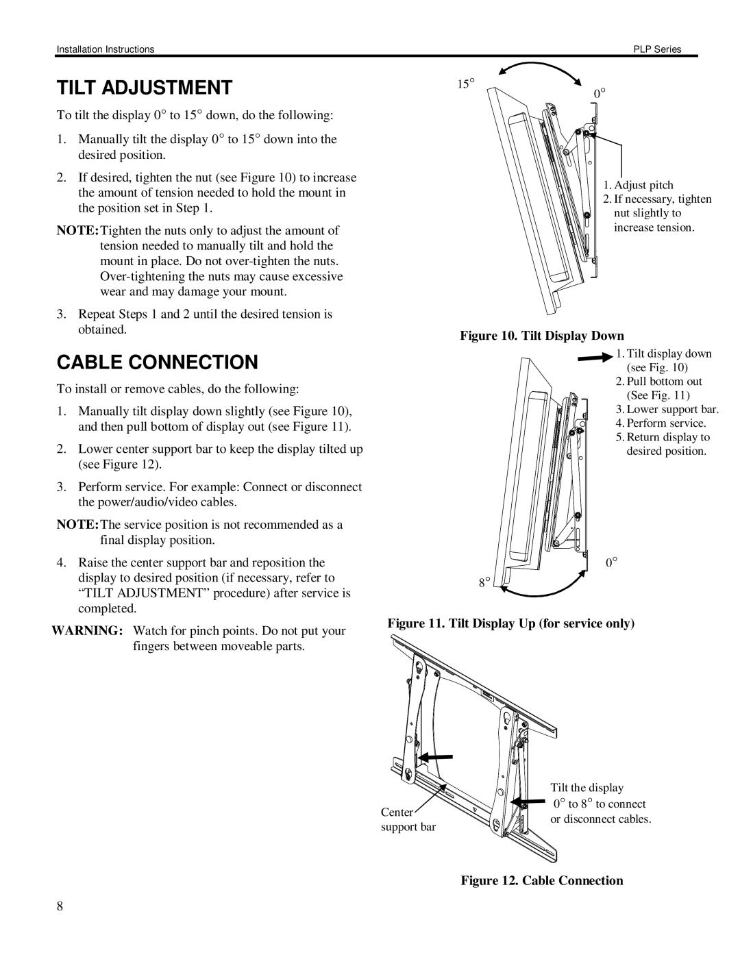 Chief Manufacturing PLP Series installation instructions Tilt Adjustment, Cable Connection 