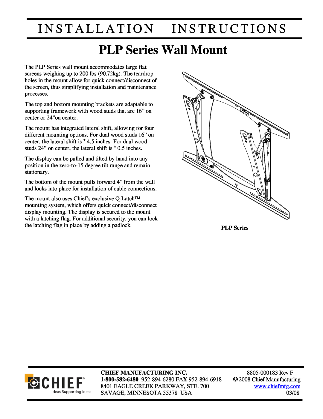 Chief Manufacturing installation instructions Chief Manufacturing Inc, PLP Series Wall Mount 