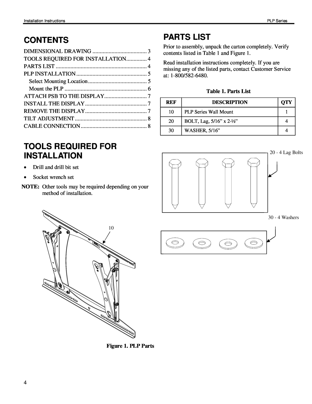 Chief Manufacturing PLP Series installation instructions Contents, Tools Required For Installation, Parts List, PLP Parts 