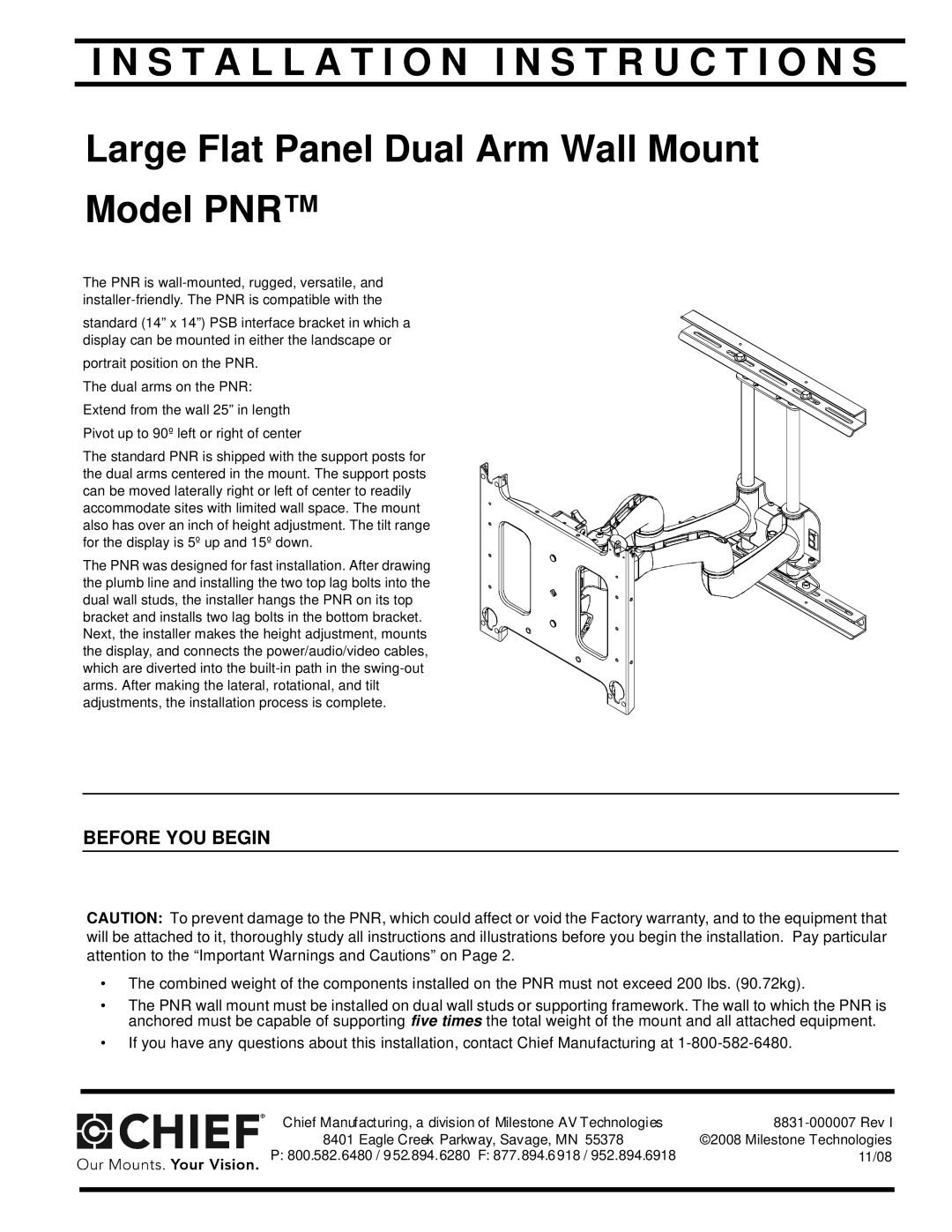 Chief Manufacturing PNR installation instructions Installation I N S T R U C T I O N S, Before YOU Begin 