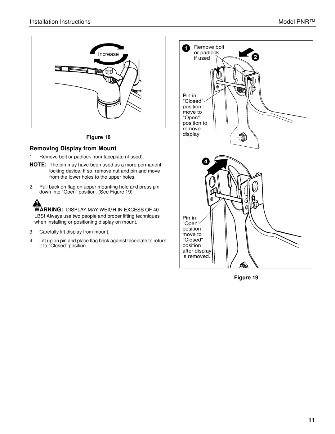 Chief Manufacturing PNR installation instructions Removing Display from Mount 