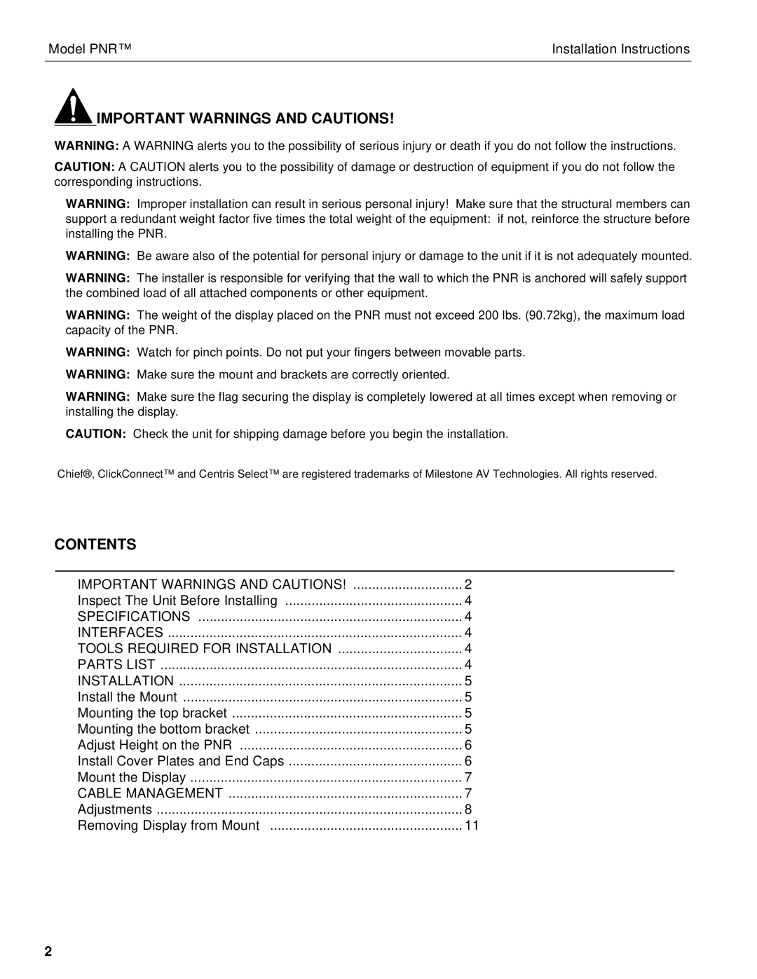 Chief Manufacturing PNR installation instructions Important Warnings and Cautions, Contents 