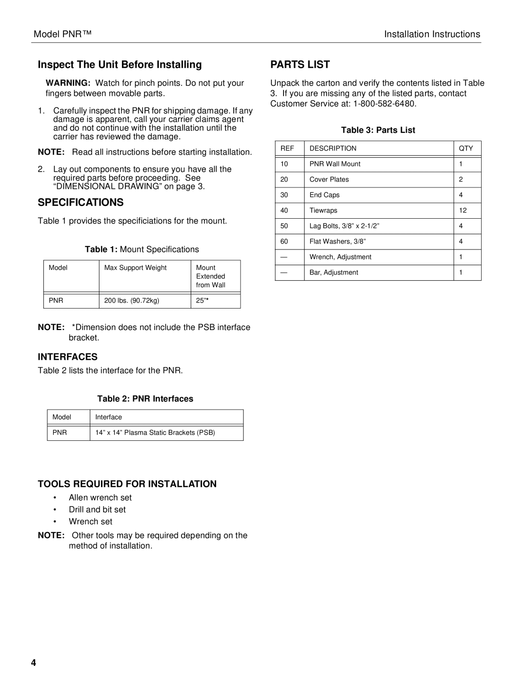 Chief Manufacturing PNR installation instructions Inspect The Unit Before Installing, Specifications, Parts List 