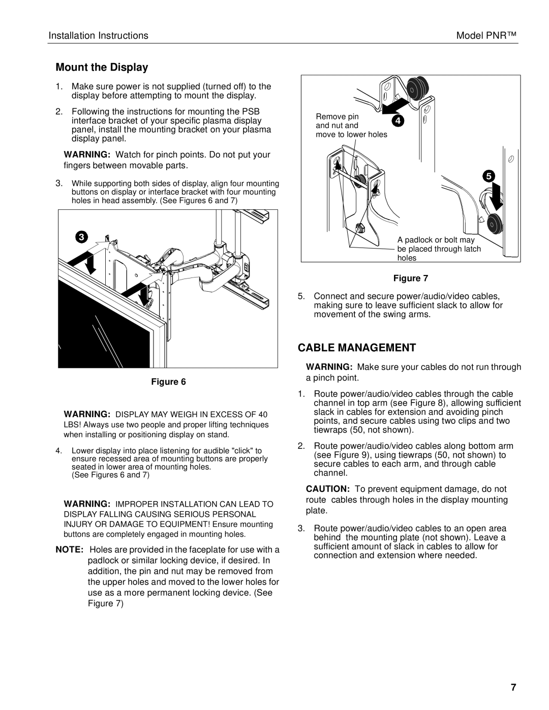 Chief Manufacturing PNR installation instructions Mount the Display, Cable Management 