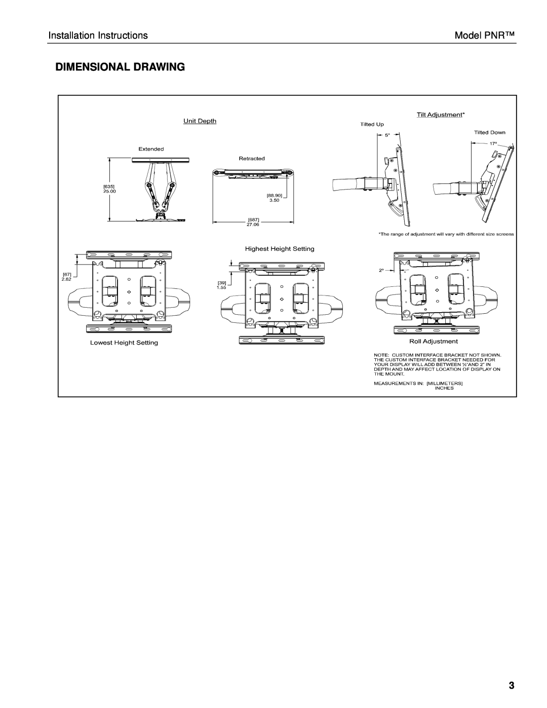 Chief Manufacturing installation instructions Dimensional Drawing, Installation Instructions, Model PNR 