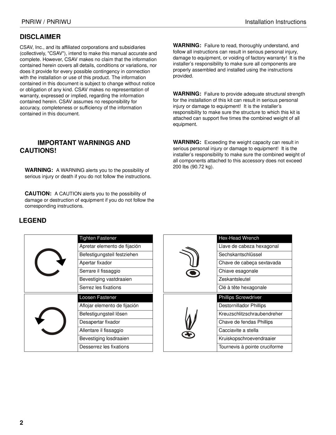 Chief Manufacturing PNRIWU installation instructions Disclaimer, Important Warnings and Cautions 