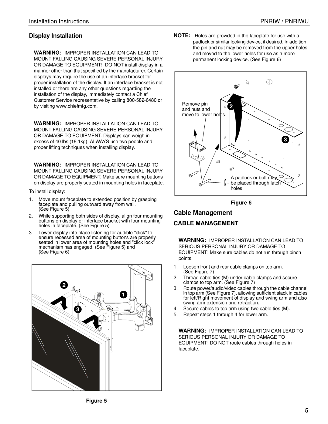 Chief Manufacturing PNRIWU installation instructions Cable Management, Display Installation 