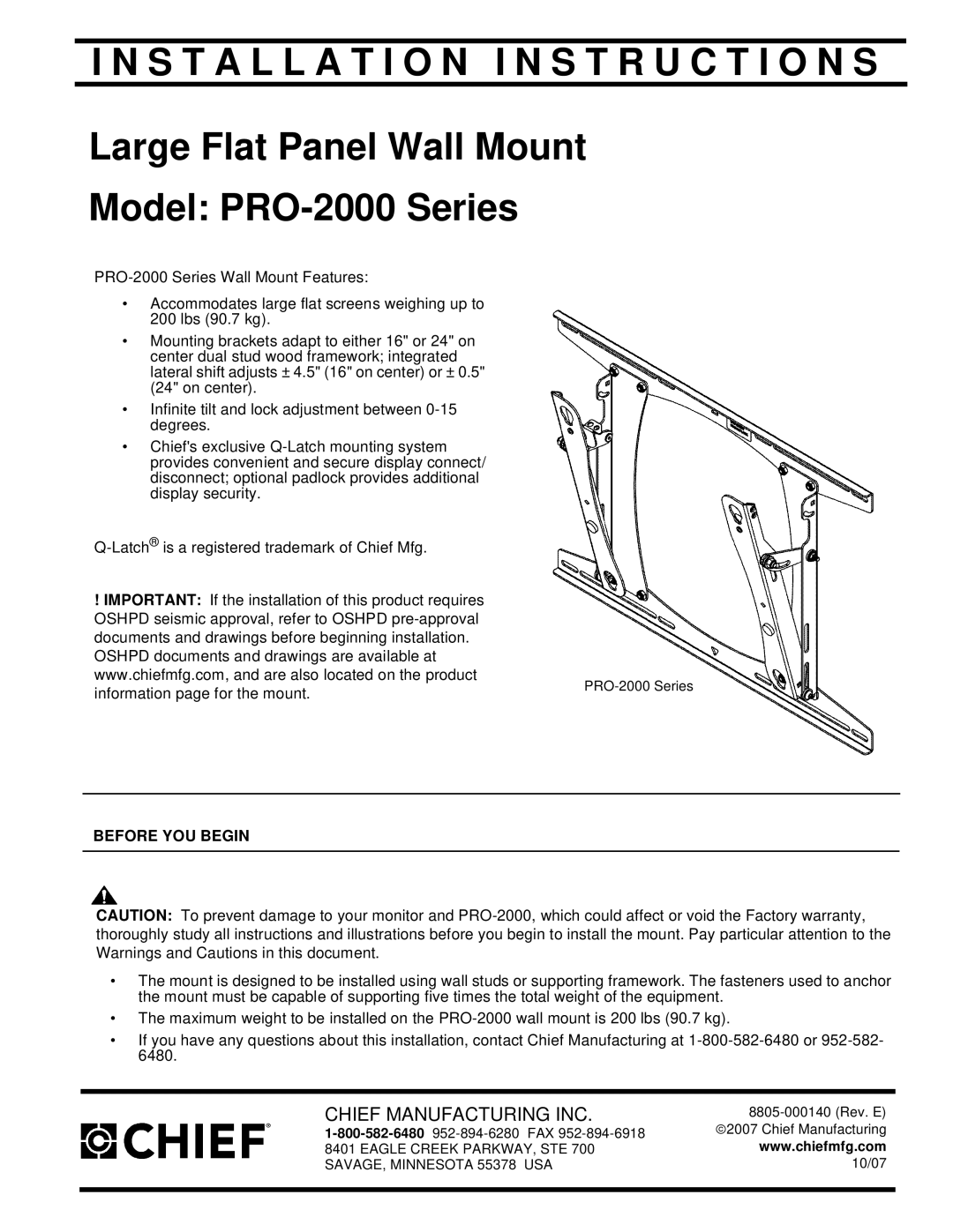 Chief Manufacturing PRO-2000 installation instructions Installation I N S T R U C T I O N S 