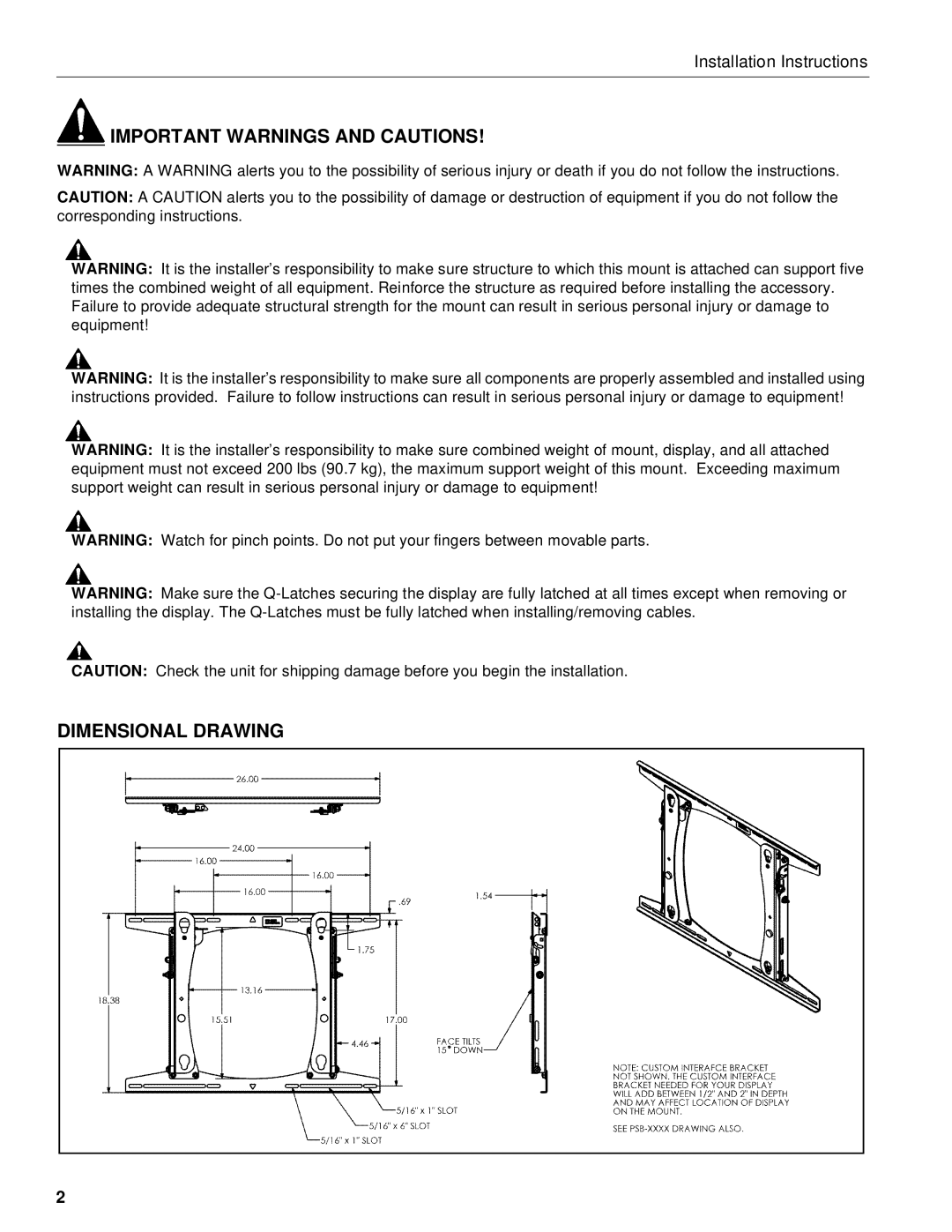 Chief Manufacturing PRO-2000 installation instructions Important Warnings and Cautions Dimensional Drawing 