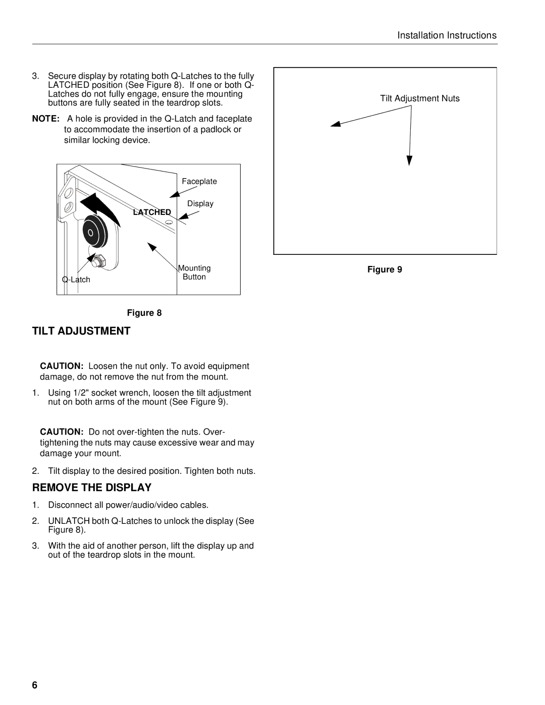 Chief Manufacturing PRO-2000 installation instructions Tilt Adjustment, Remove the Display 