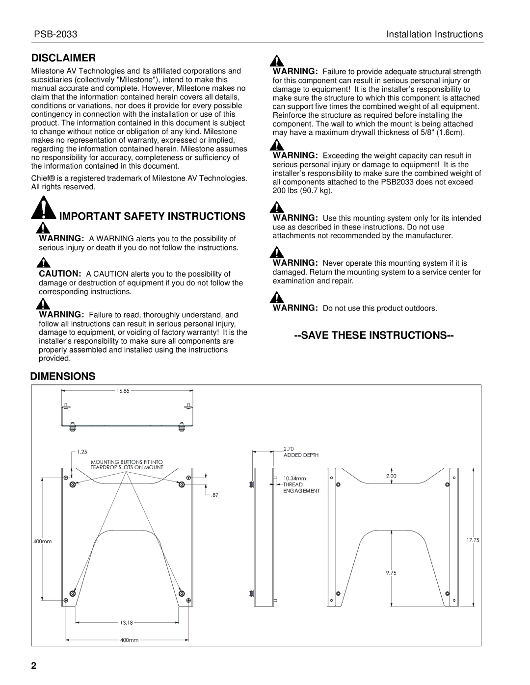 Chief Manufacturing PSB-2033 installation instructions Disclaimer, Important Safety Instructions 