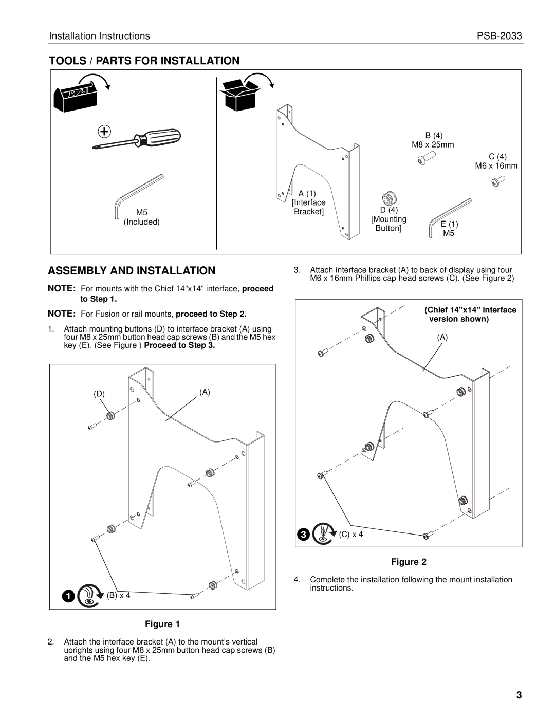 Chief Manufacturing PSB-2033 installation instructions Tools / Parts for Installation, Assembly and Installation 