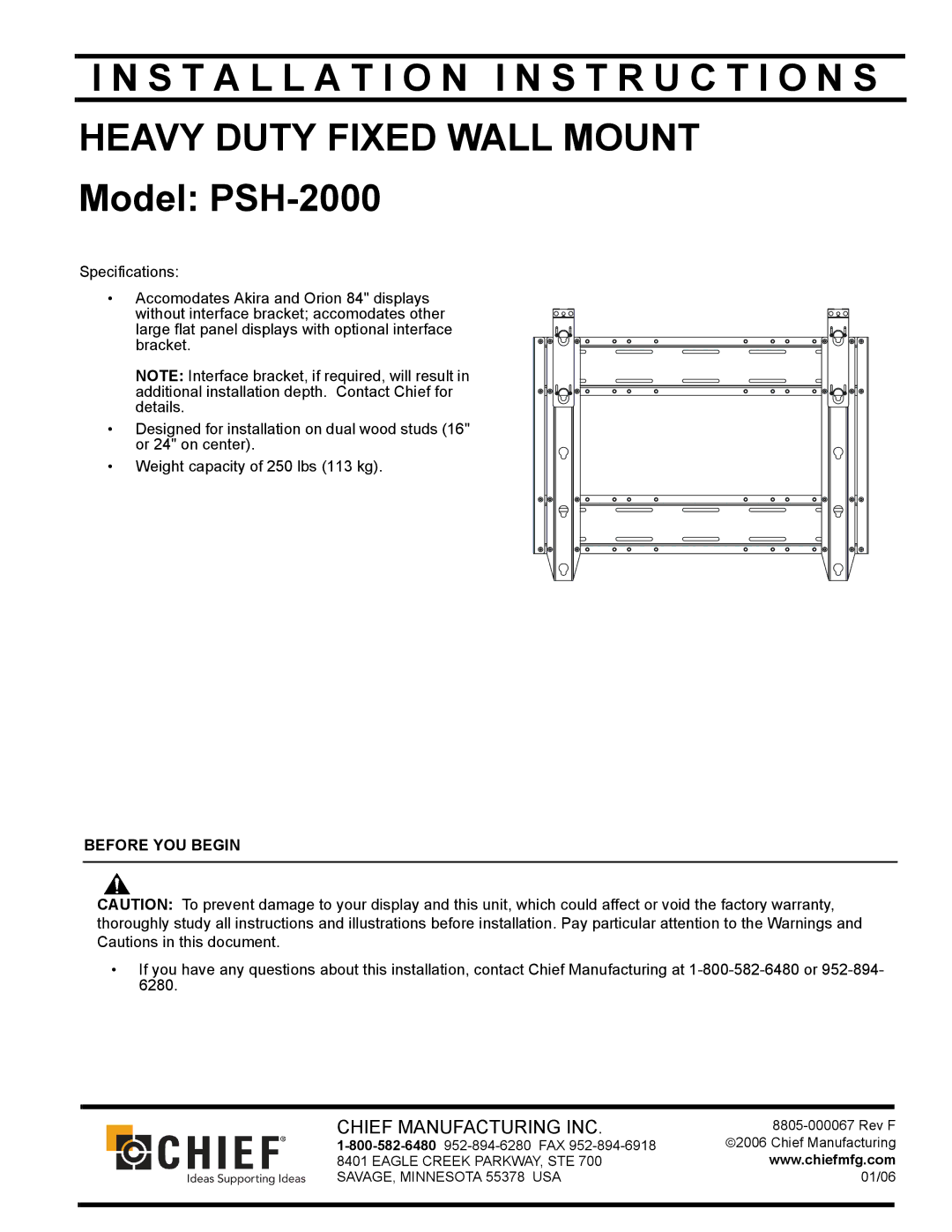 Chief Manufacturing PSH-2000 installation instructions Installation I N S T R U C T I O N S, Before YOU Begin 