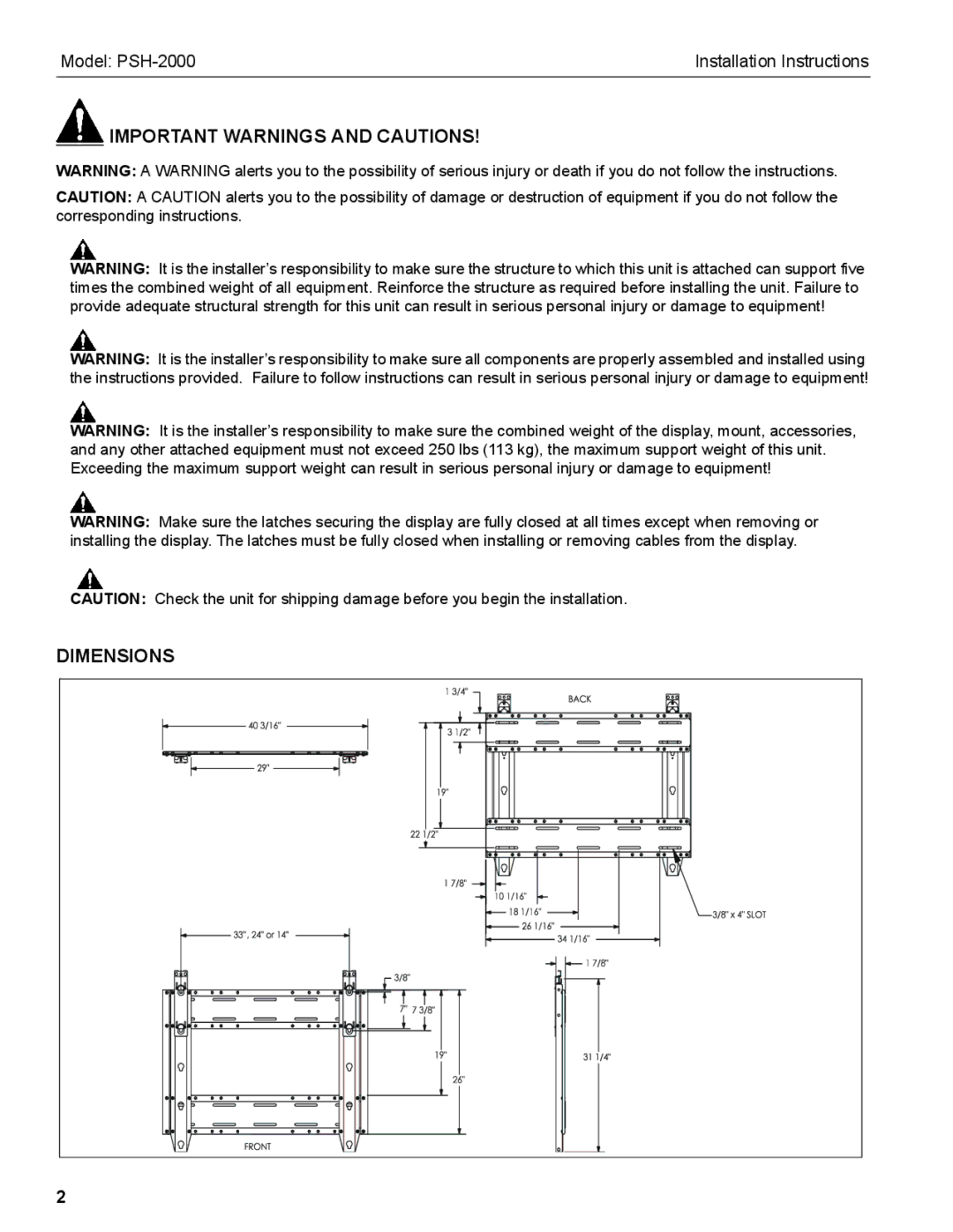 Chief Manufacturing PSH-2000 installation instructions Important Warnings and Cautions, Dimensions 