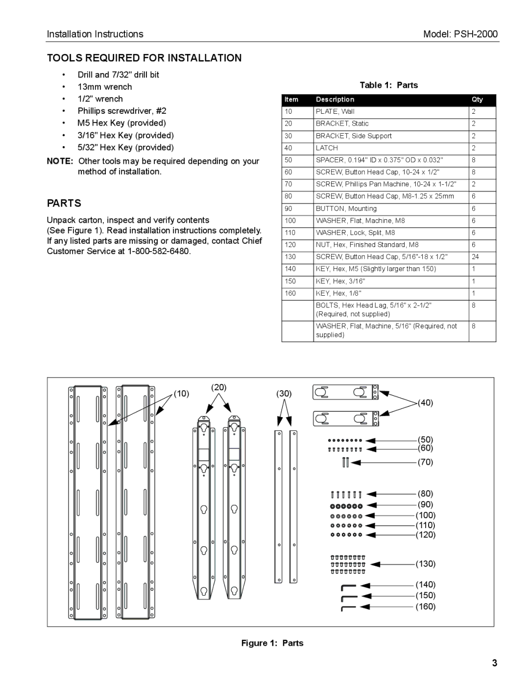 Chief Manufacturing PSH-2000 installation instructions Tools Required for Installation, Parts 