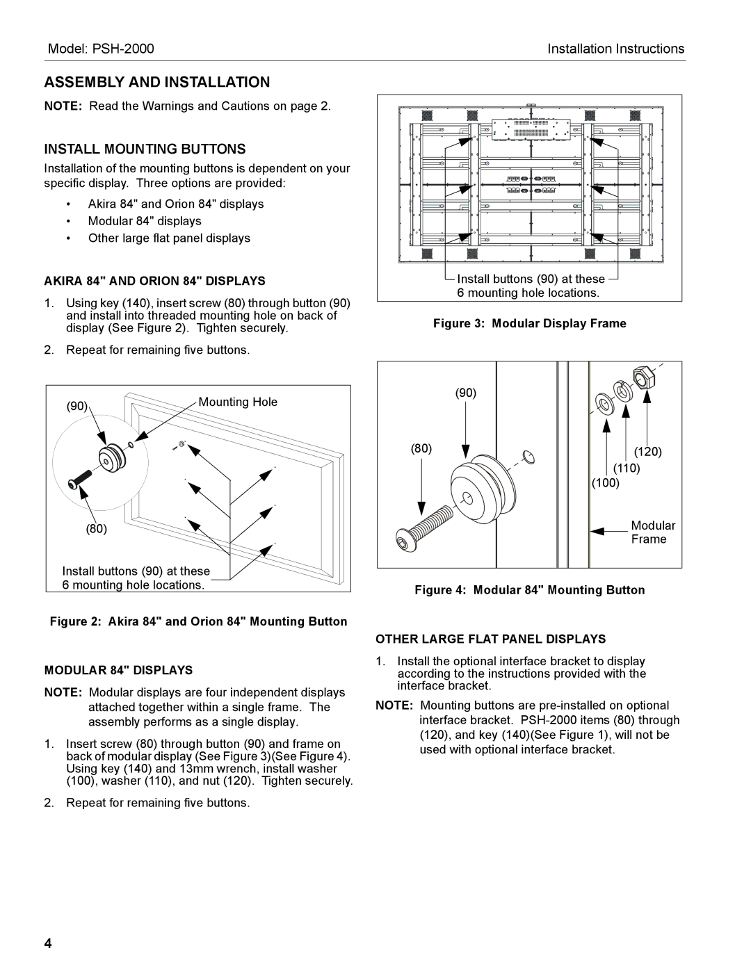 Chief Manufacturing PSH-2000 Assembly and Installation, Install Mounting Buttons, Akira 84 and Orion 84 Displays 