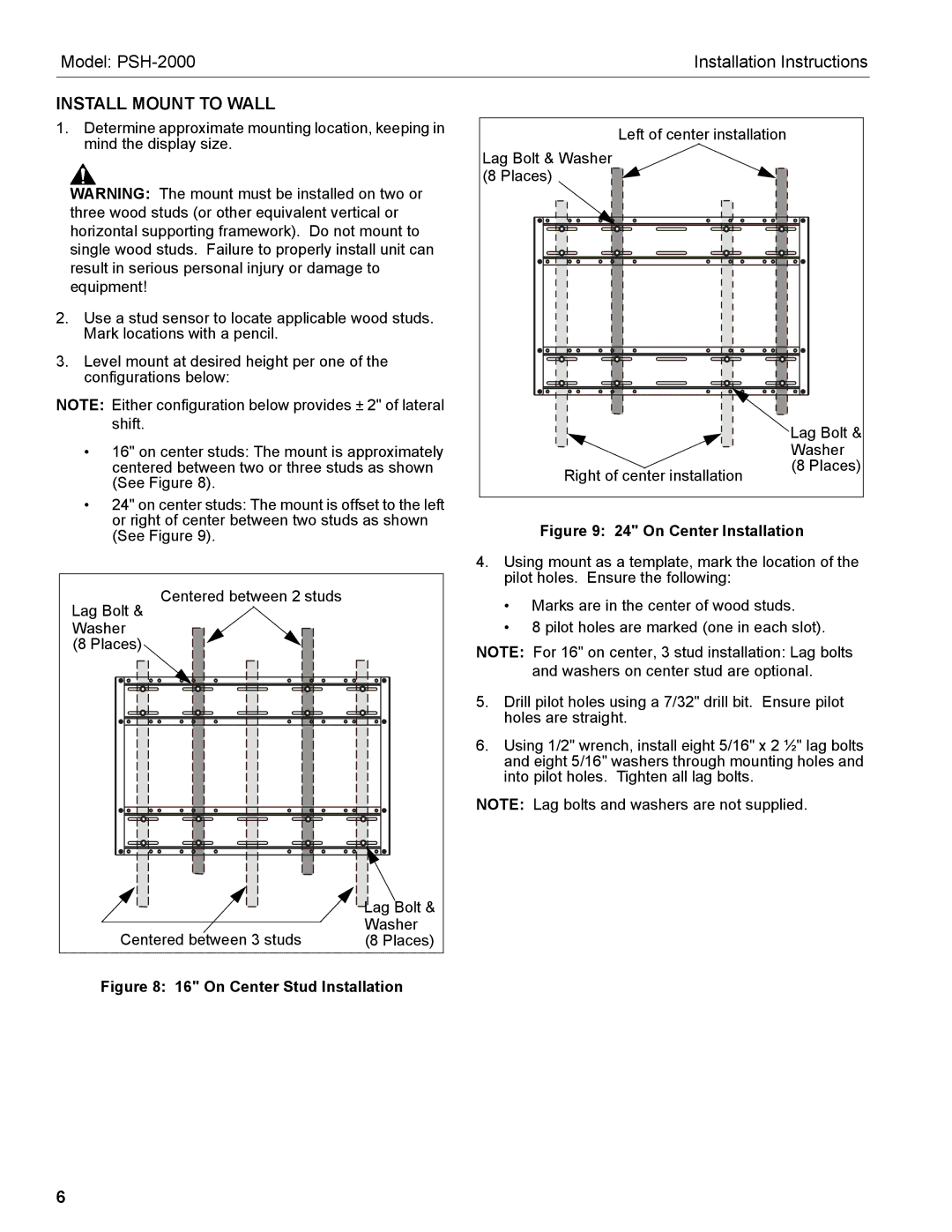 Chief Manufacturing PSH-2000 installation instructions Install Mount to Wall, On Center Stud Installation 