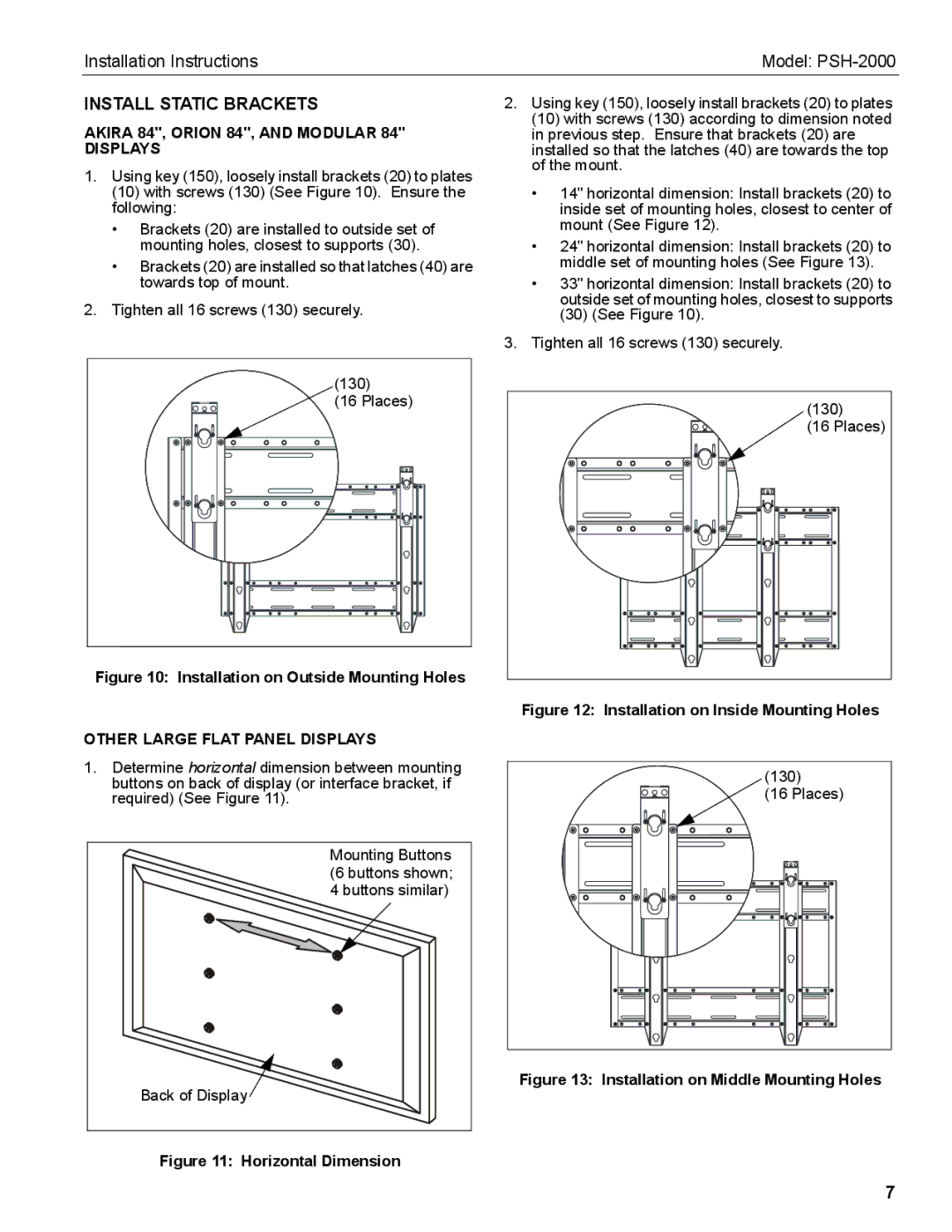 Chief Manufacturing PSH-2000 installation instructions Install Static Brackets, Akira 84, Orion 84, and Modular Displays 