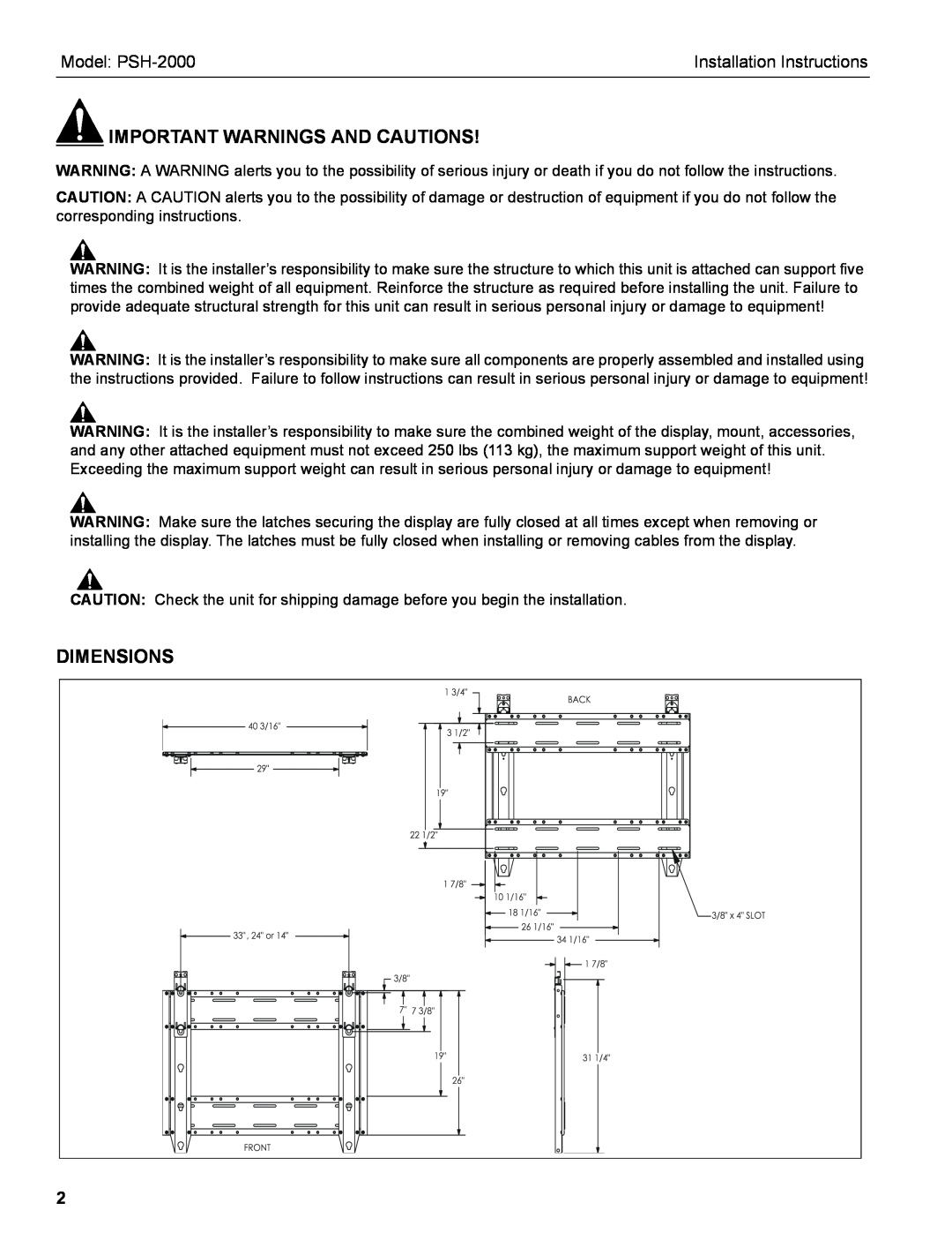 Chief Manufacturing Important Warnings And Cautions, Model PSH-2000, Installation Instructions, Dimensions 
