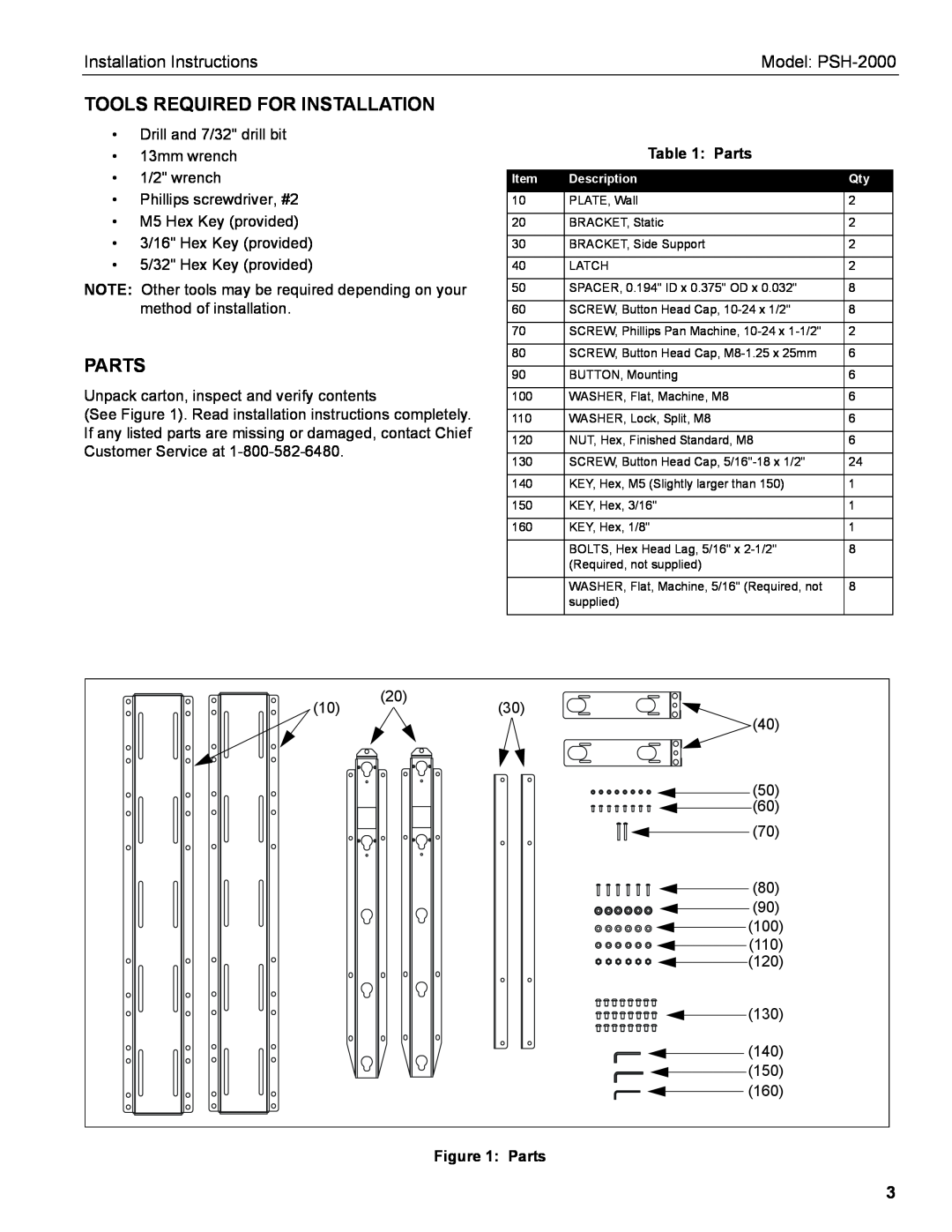 Chief Manufacturing Tools Required For Installation, Parts, Installation Instructions, Model PSH-2000 