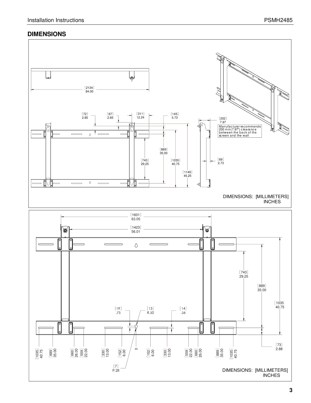 Chief Manufacturing PSMH2458 installation instructions Dimensions 