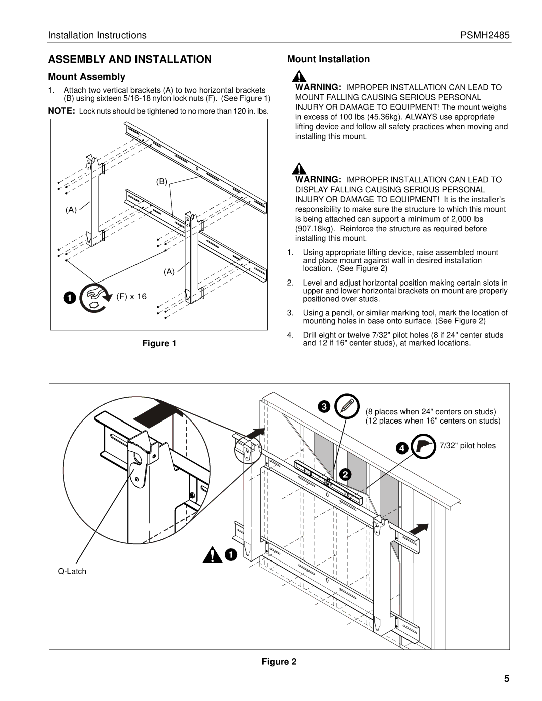 Chief Manufacturing PSMH2458 installation instructions Assembly and Installation, Mount Assembly, Mount Installation 