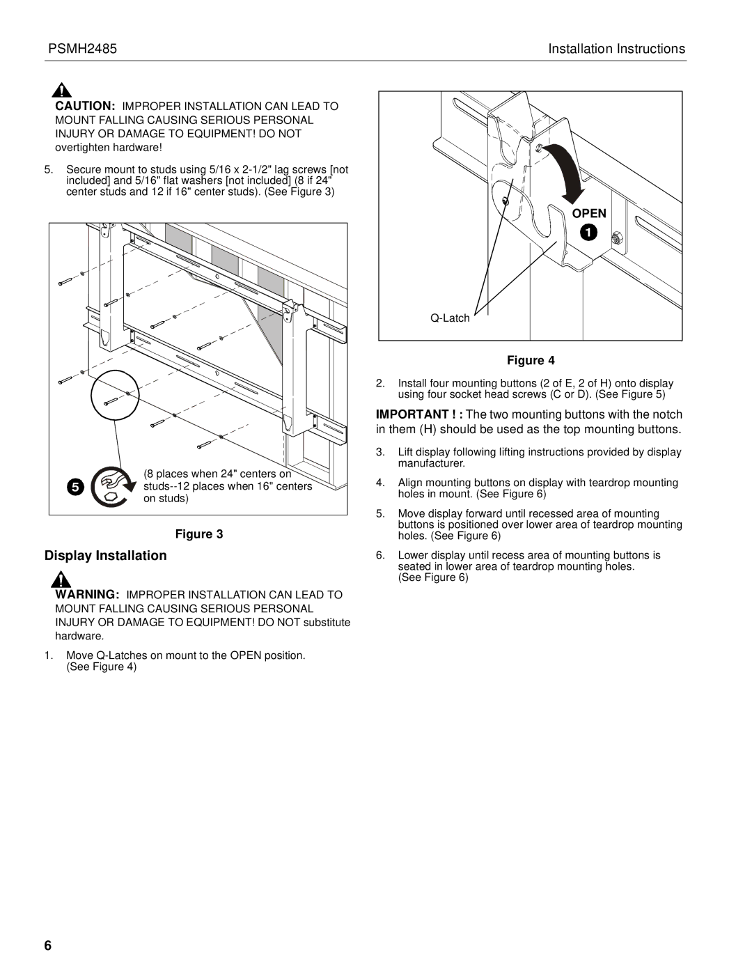 Chief Manufacturing PSMH2458 installation instructions Display Installation, Open 