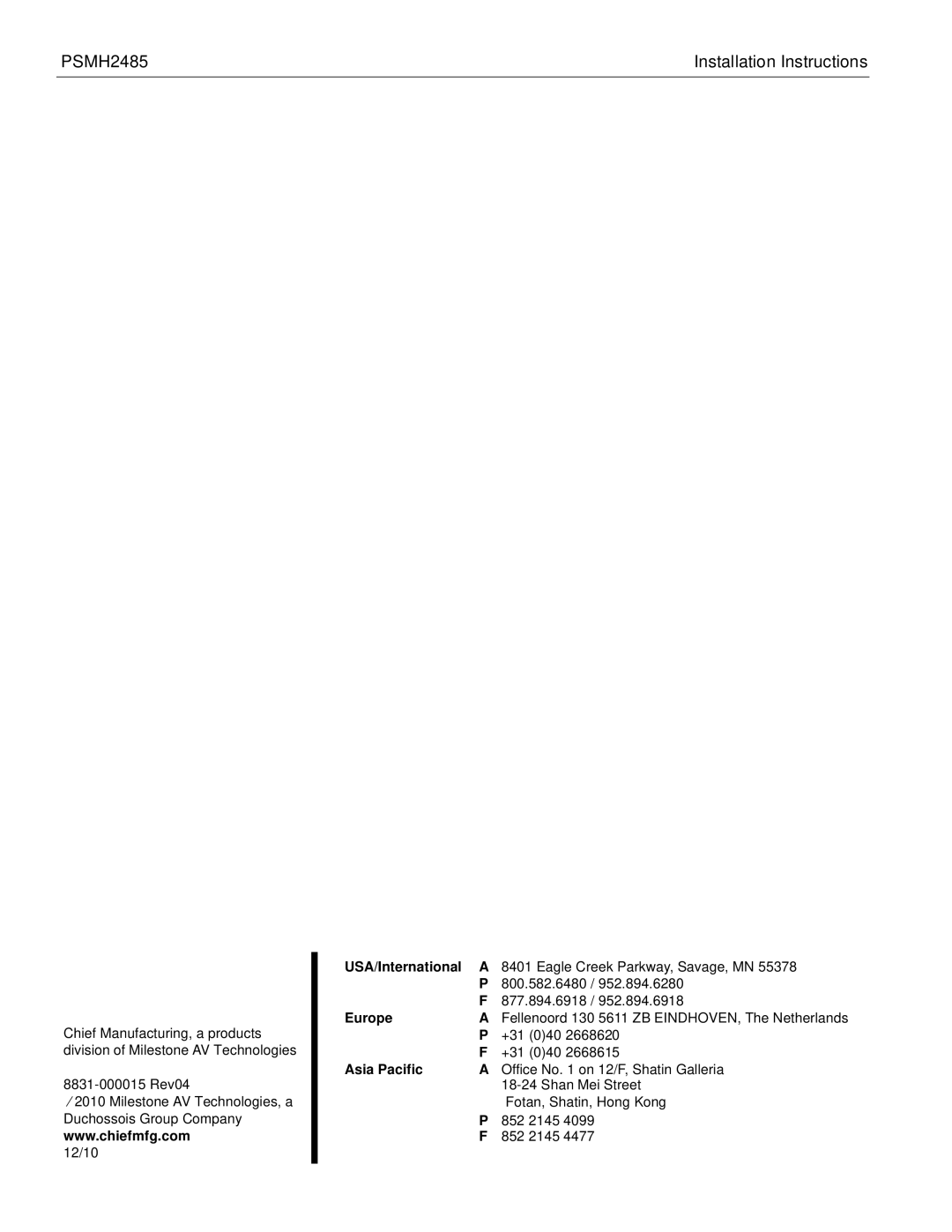 Chief Manufacturing PSMH2458 installation instructions +31 040 